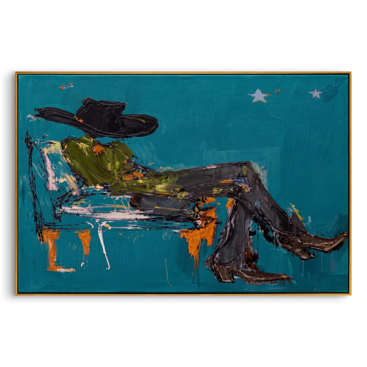 "Teal Reclining Cowboy Painting" - Modern Heavy Impasto Western Animal Artwork | Green & Black Palette Knife Painting | Luxury Horizontal Wall Art #PT 761