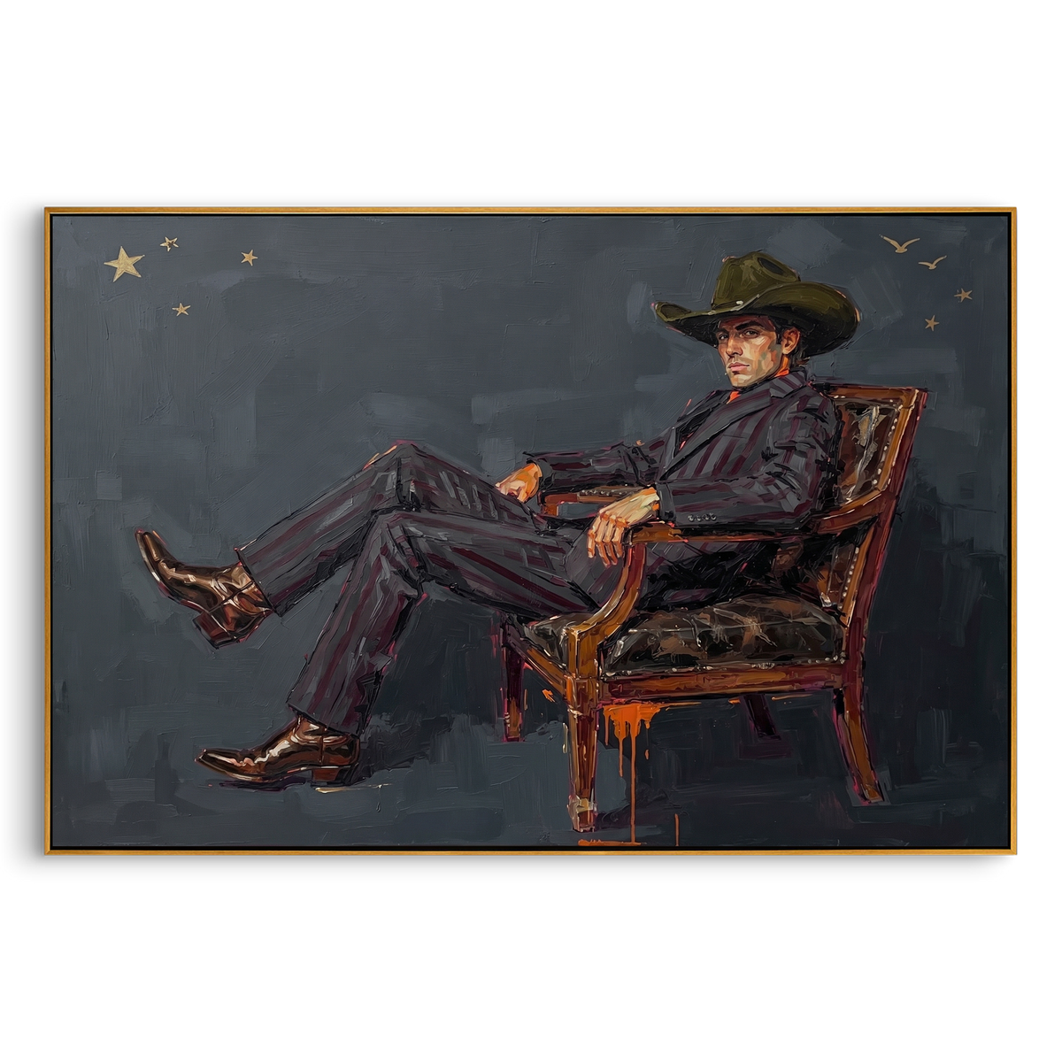 "Dark Reclining Cowboy Painting" - Modern Heavy Impasto Coastal Landscape | Grey & Black Palette Knife Painting | Luxury Horizontal Wall Art #PT 762