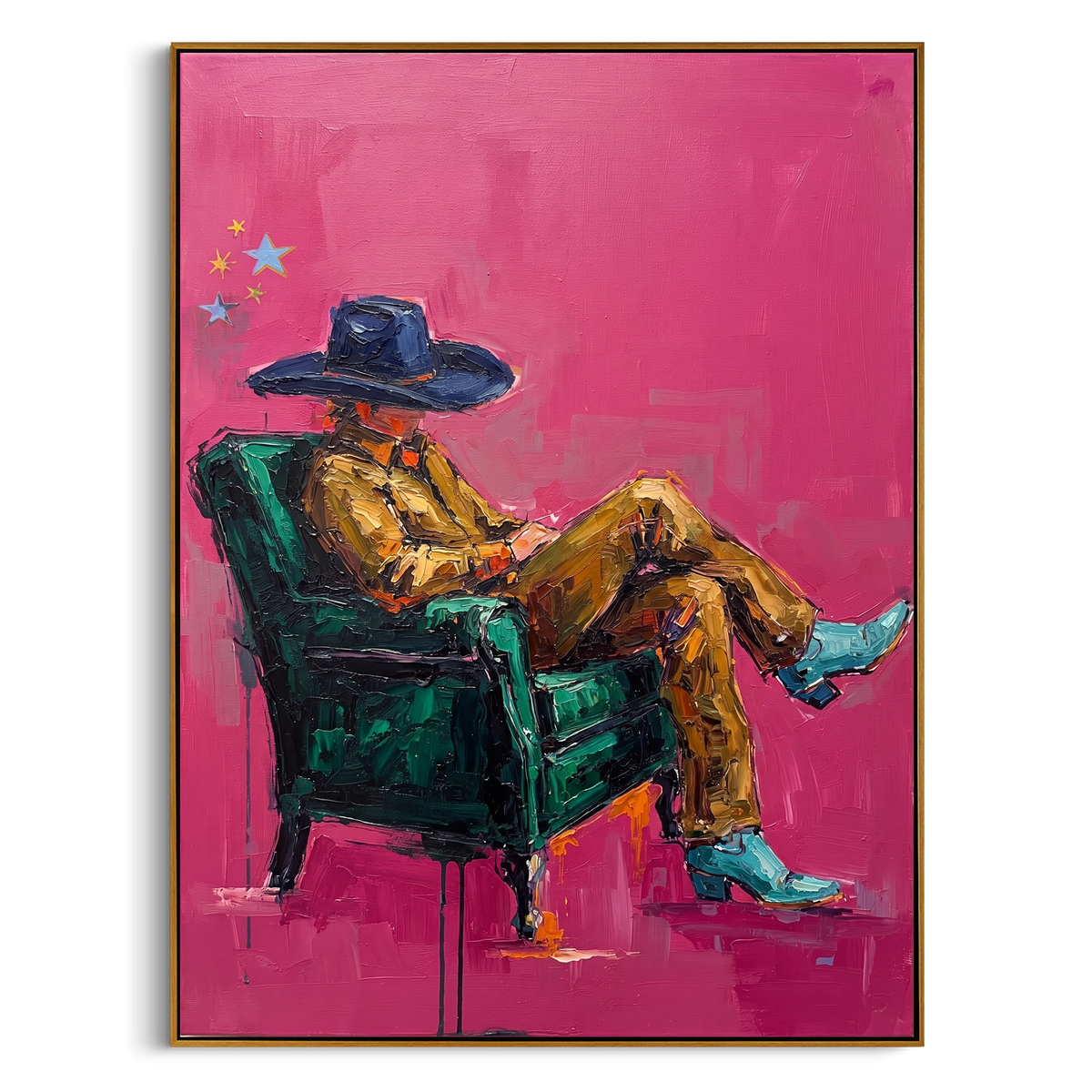 "Pink Seated Cowboy Painting" - Modern Heavy Impasto Coastal Landscape | Pink & Green Palette Knife Painting | Luxury Vertical Wall Art #PT 763