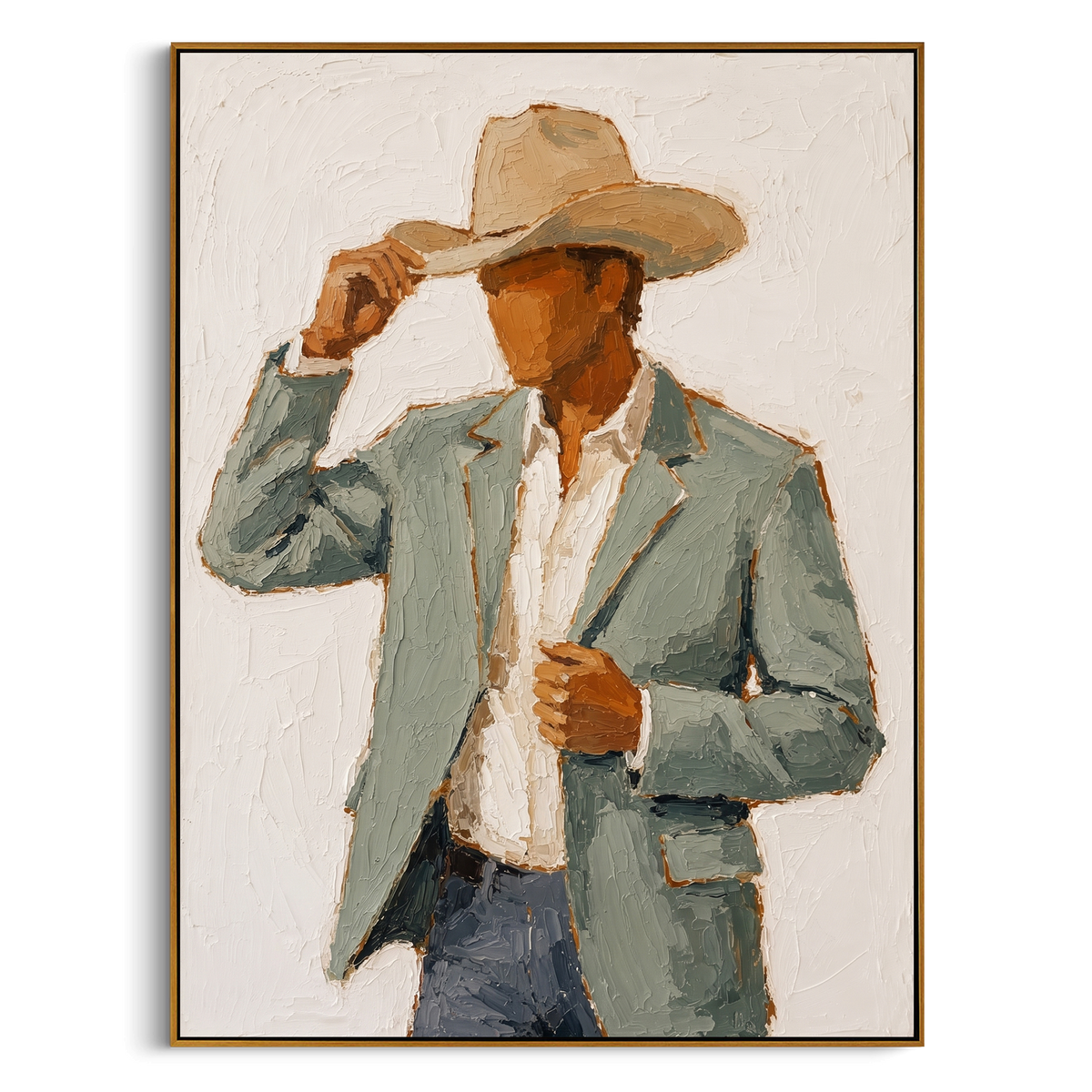 "Cream Cowboy Portrait Painting" - Modern Heavy Impasto Western Animal Artwork | White & Green Palette Knife Painting | Luxury Vertical Wall Art #PT 764