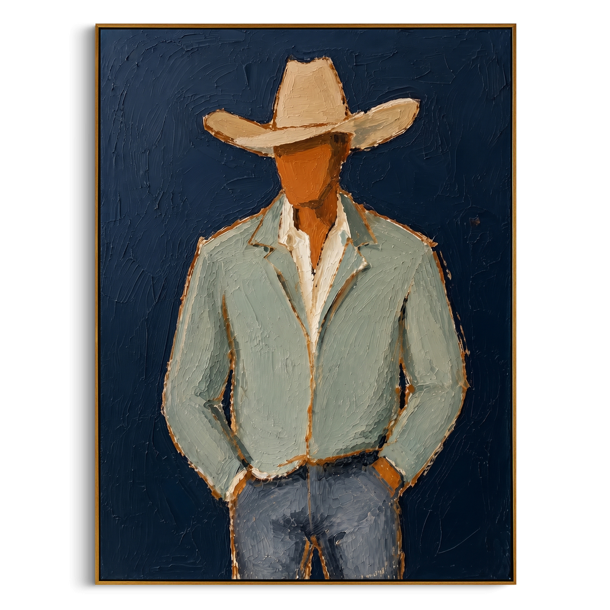 "Navy Cowboy Portrait Painting" - Modern Heavy Impasto Western Animal Artwork | Blue & Green Palette Knife Painting | Luxury Vertical Wall Art #PT 765