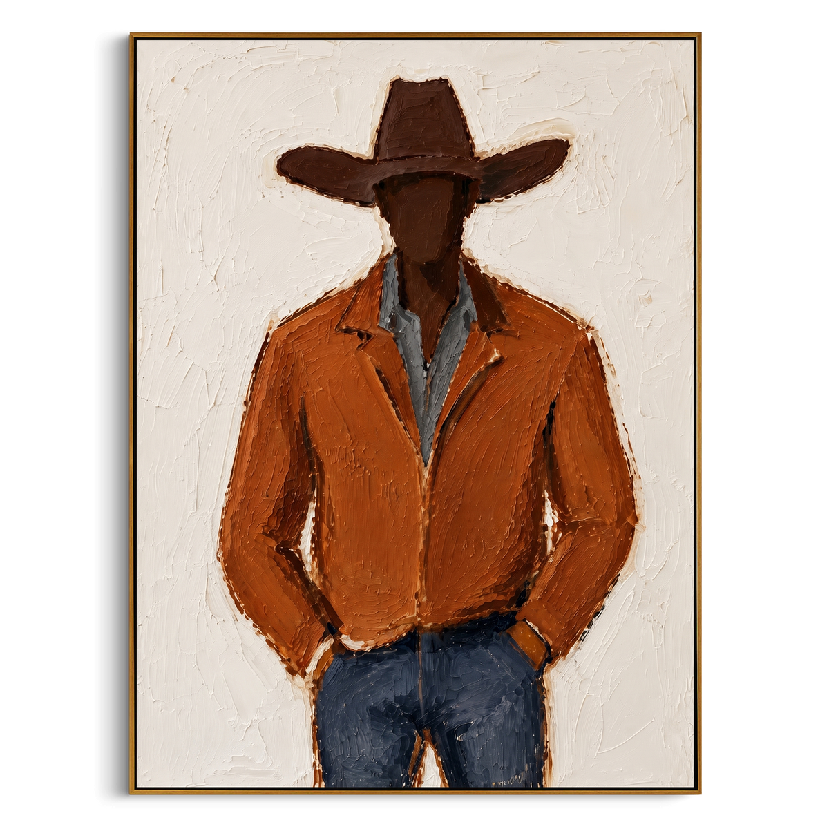 "Brown Cowboy Portrait Painting" - Modern Heavy Impasto Western Animal Artwork | White & Brown Palette Knife Painting | Luxury Vertical Wall Art #PT 766