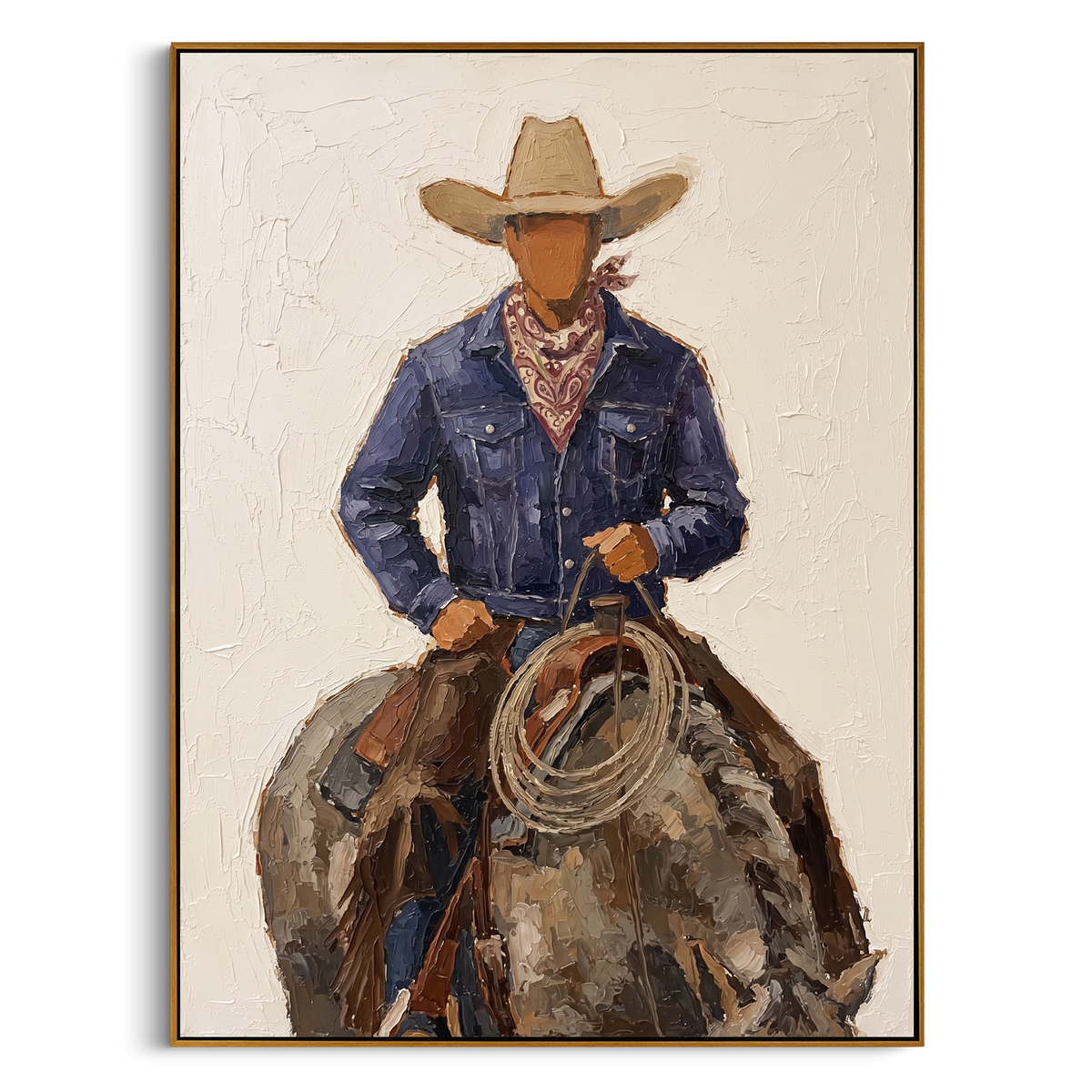 "Cowboy Horse Portrait Painting" - Modern Heavy Impasto Coastal Landscape | White & Blue Palette Knife Painting | Luxury Vertical Wall Art #PT 767