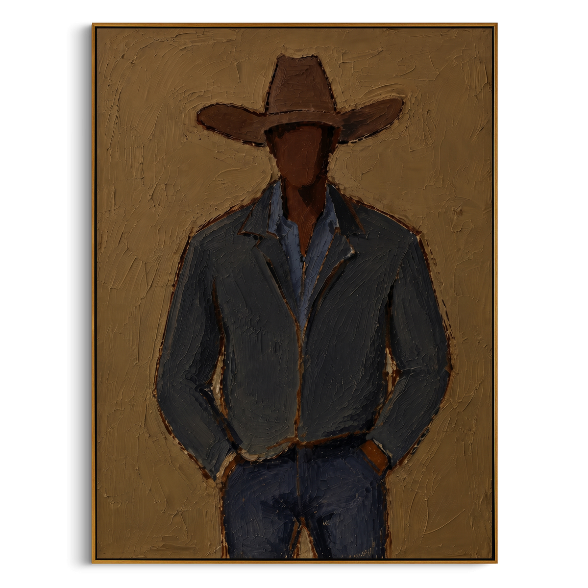 "Brown Blue Cowboy Portrait Painting" - Modern Heavy Impasto Western Animal Artwork | Brown & Blue Palette Knife Painting | Luxury Vertical Wall Art #PT 769
