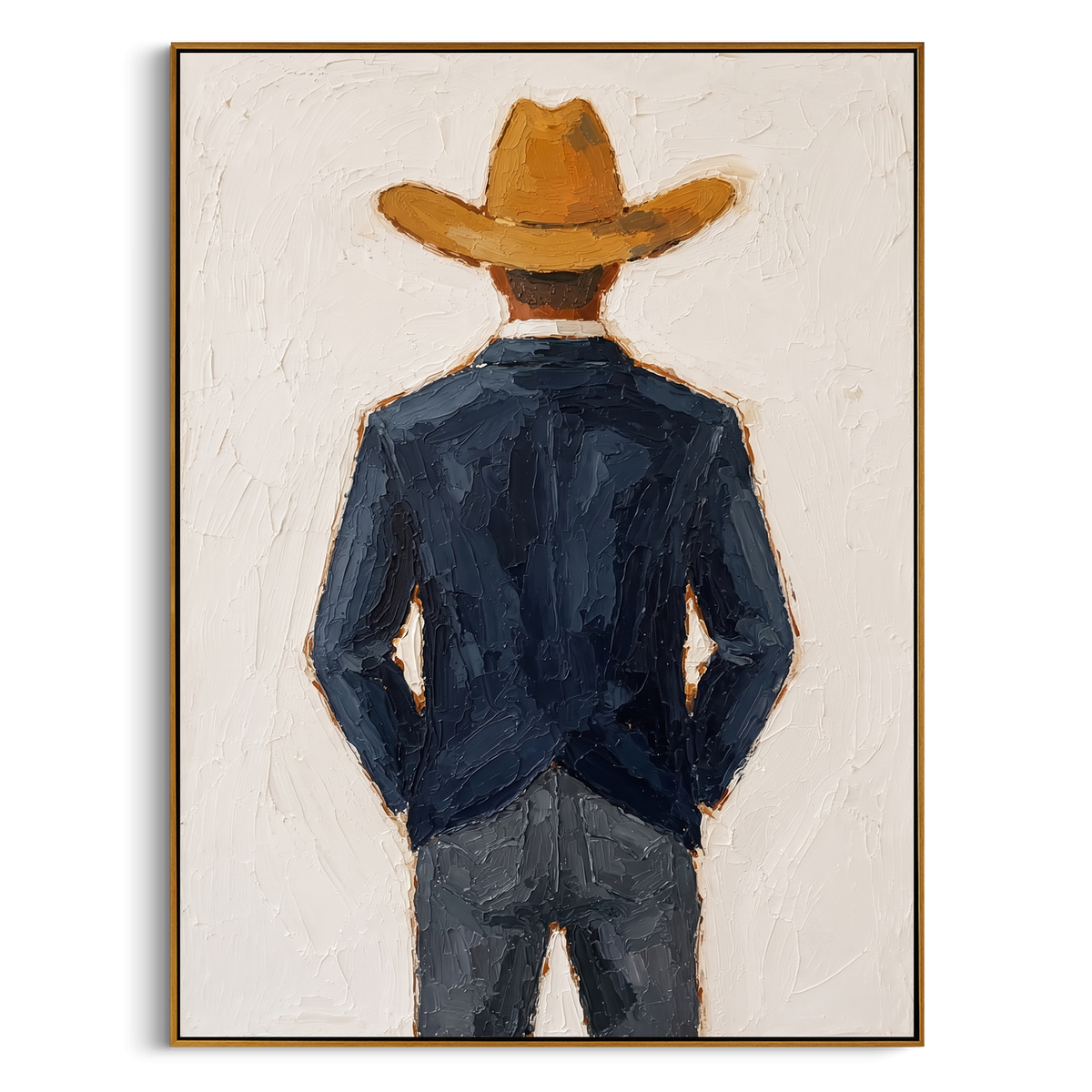 "Back View Cowboy Painting" - Modern Heavy Impasto Western Animal Artwork | White & Blue Palette Knife Painting | Luxury Vertical Wall Art #PT 770