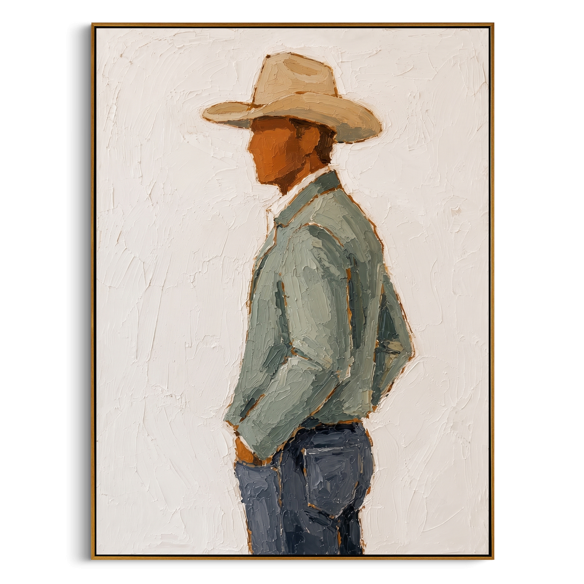 "Side View Cowboy Painting" - Modern Heavy Impasto Western Animal Artwork | White & Green Palette Knife Painting | Luxury Vertical Wall Art #PT 771