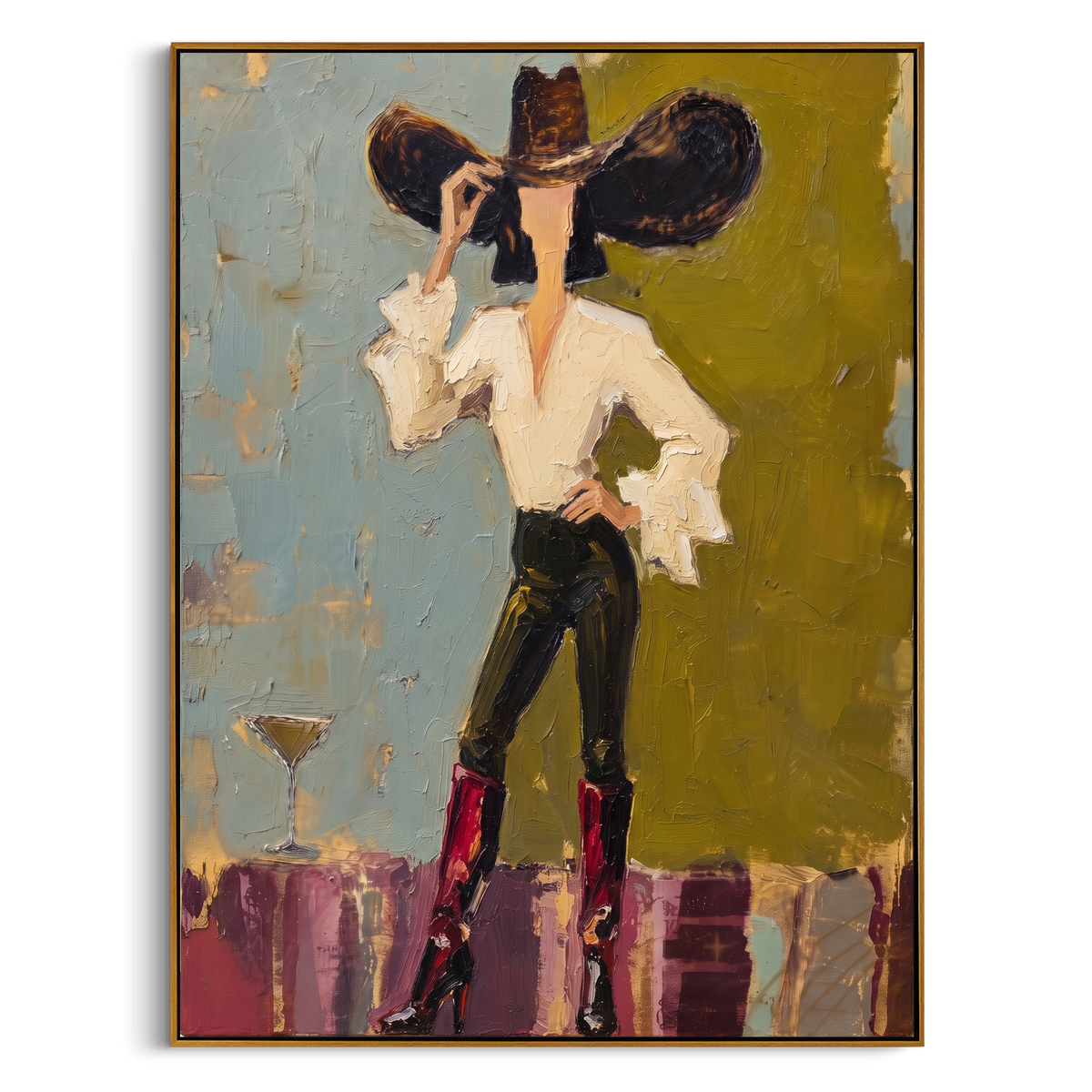 "Fashion Woman Hat Painting" - Modern Heavy Impasto Abstract Artwork | Green & Blue Palette Knife Painting | Luxury Vertical Wall Art #PT 772