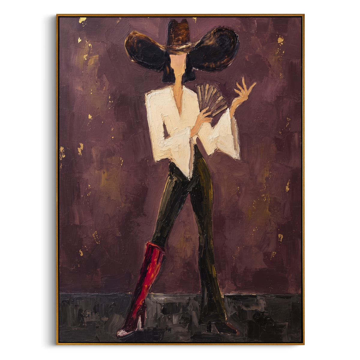 "Fashion Woman Fan Painting" - Modern Heavy Impasto Abstract Artwork | Brown & Black Palette Knife Painting | Luxury Vertical Wall Art #PT 773