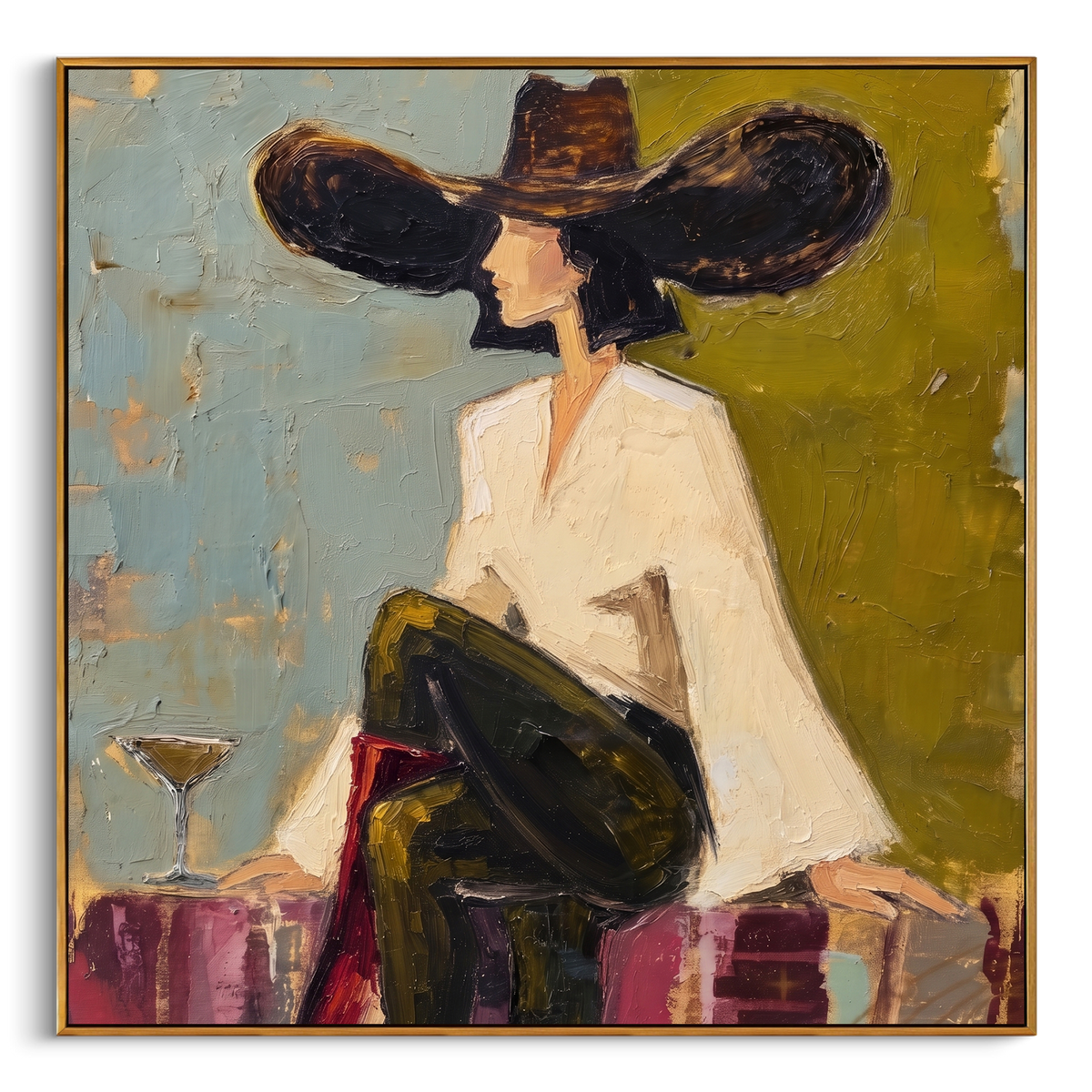 "Seated Fashion Woman Painting" - Modern Heavy Impasto Coastal Landscape | Green & Blue Palette Knife Painting | Luxury Square Wall Art #PT 774