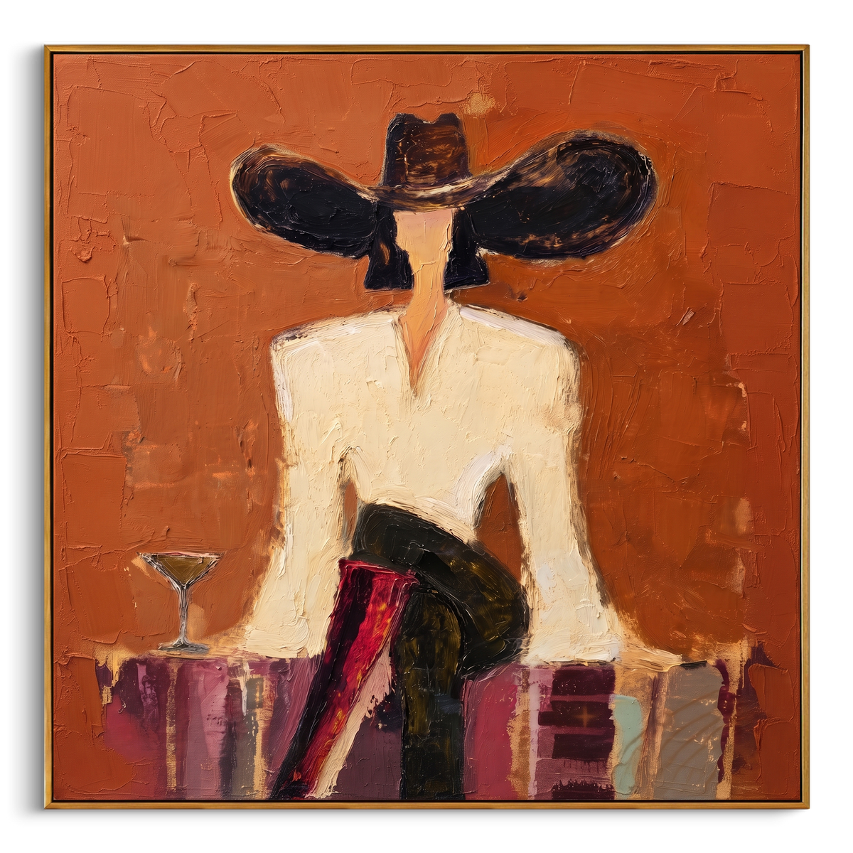 "Orange Fashion Woman Painting" - Modern Heavy Impasto Coastal Landscape | Brown & Black Palette Knife Painting | Luxury Square Wall Art #PT 775