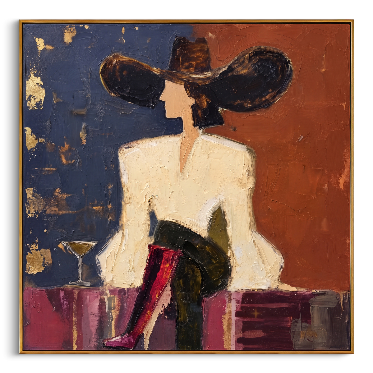 "Blue Orange Fashion Woman Painting" - Modern Heavy Impasto Coastal Landscape | Blue & Brown Palette Knife Painting | Luxury Square Wall Art #PT 776