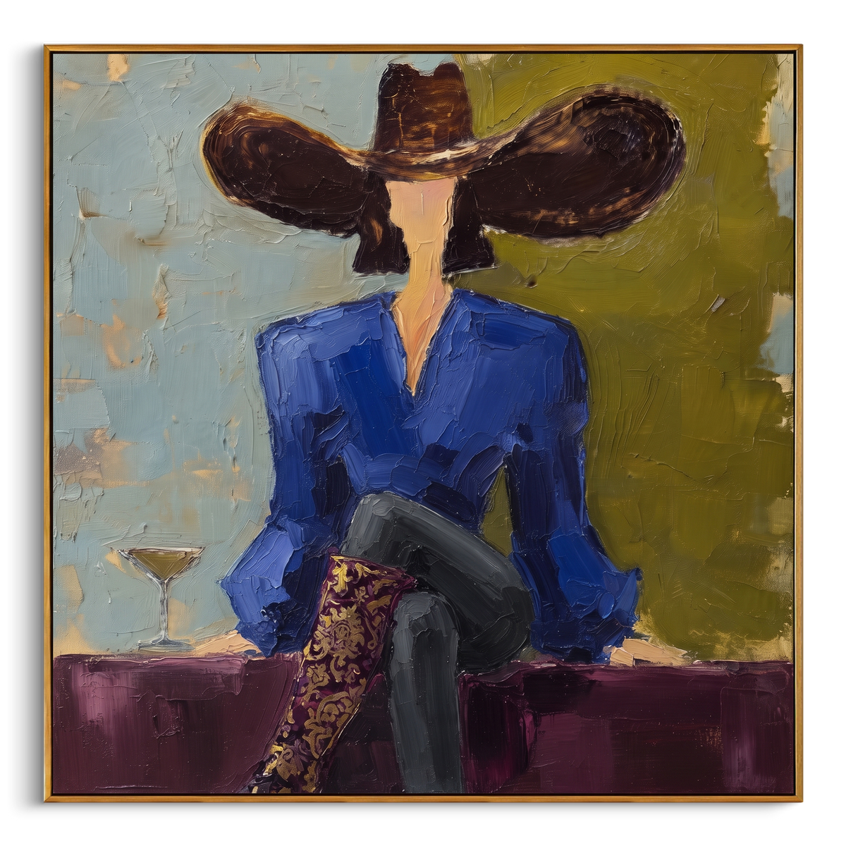 "Blue Blouse Fashion Woman Painting" - Modern Heavy Impasto Coastal Landscape | Blue & Green Palette Knife Painting | Luxury Square Wall Art #PT 777