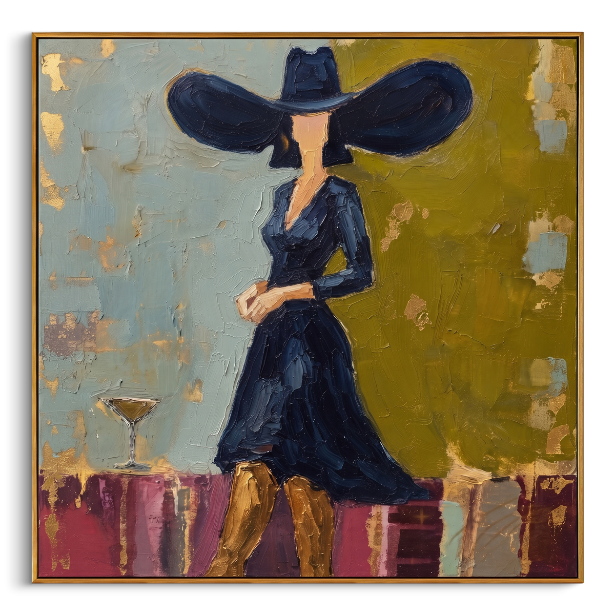 "Navy Dress Fashion Woman Painting" - Modern Heavy Impasto Abstract Artwork | Blue & Green Palette Knife Painting | Luxury Square Wall Art #PT 778