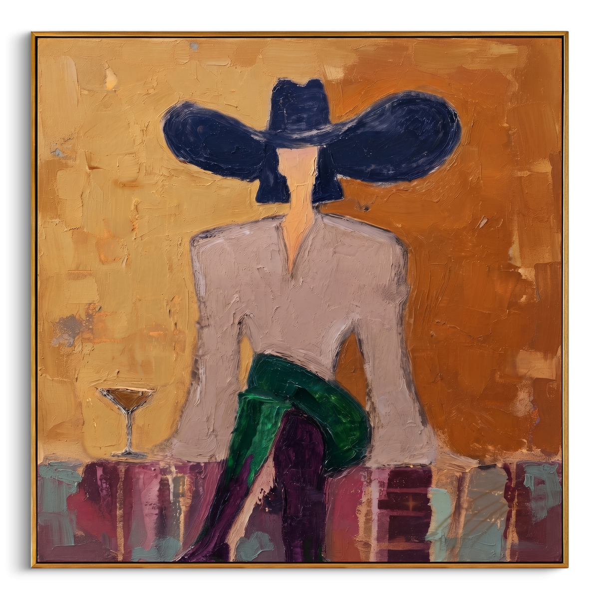 "Warm Fashion Woman Painting" - Modern Heavy Impasto Coastal Landscape | Gold & Green Palette Knife Painting | Luxury Square Wall Art #PT 779