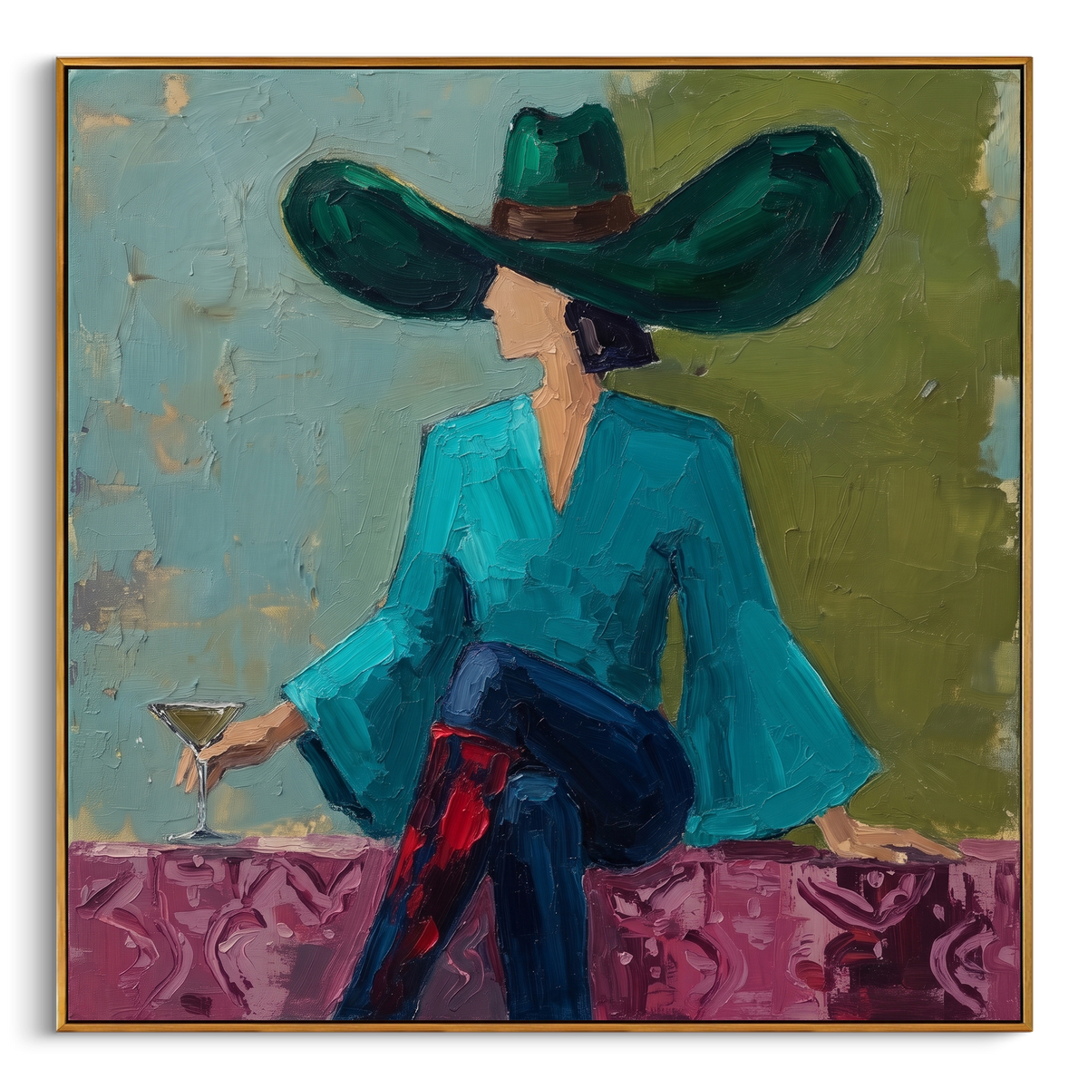 "Teal Fashion Woman Painting" - Modern Heavy Impasto Coastal Landscape | Green & Blue Palette Knife Painting | Luxury Square Wall Art #PT 780