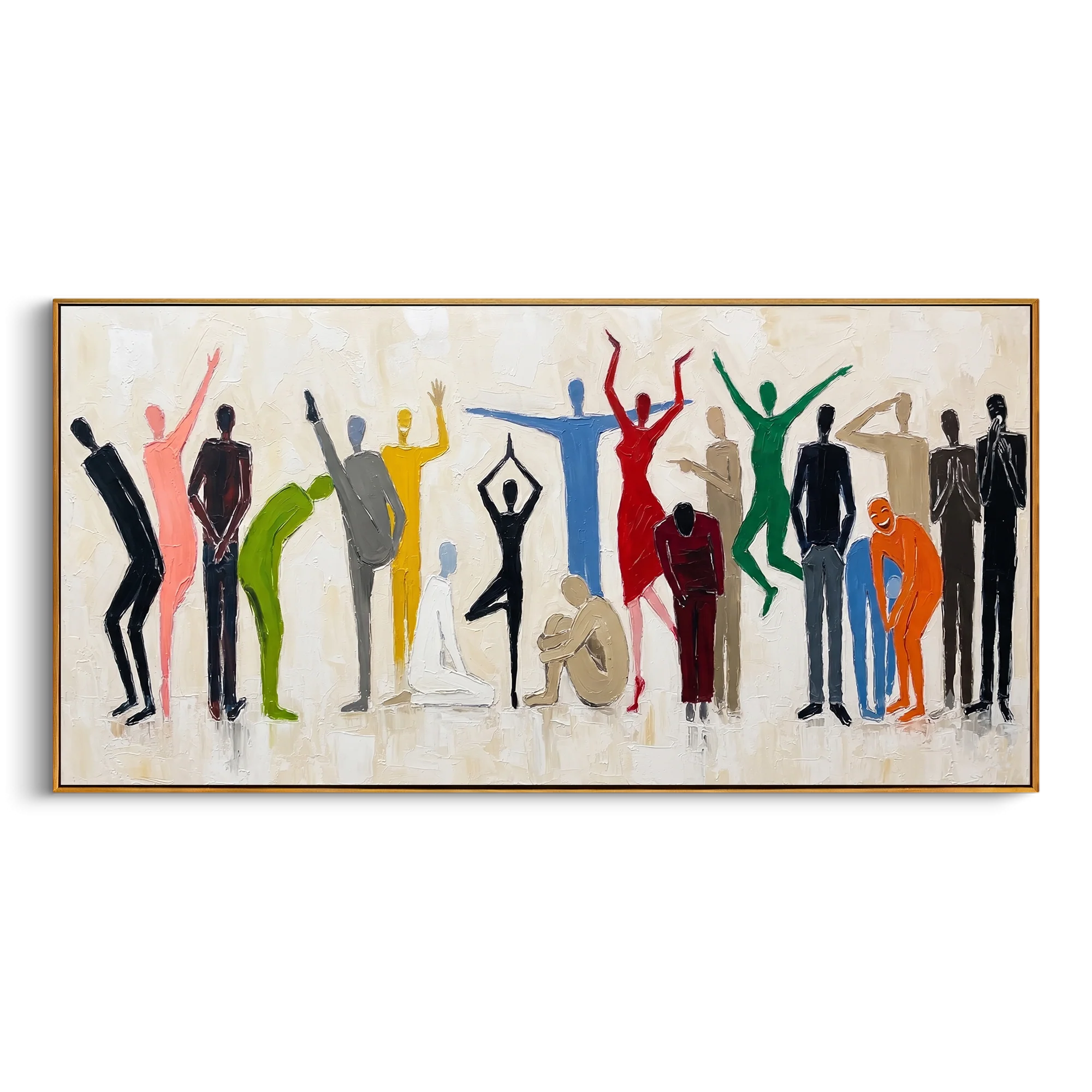 This 100% hand-painted abstract artwork features this hand-painted horizontal canvas presents a lively group of colorful abstract people silhouettes against a white textured background, with varied gestures, poses, and expressive movement. The artwork combines figurative abstraction with thick palette knife texture, raised impasto surface, and a bright social composition. Its white, blue, and green palette anchors the multicolor figures while keeping the wall piece fresh and modern for living