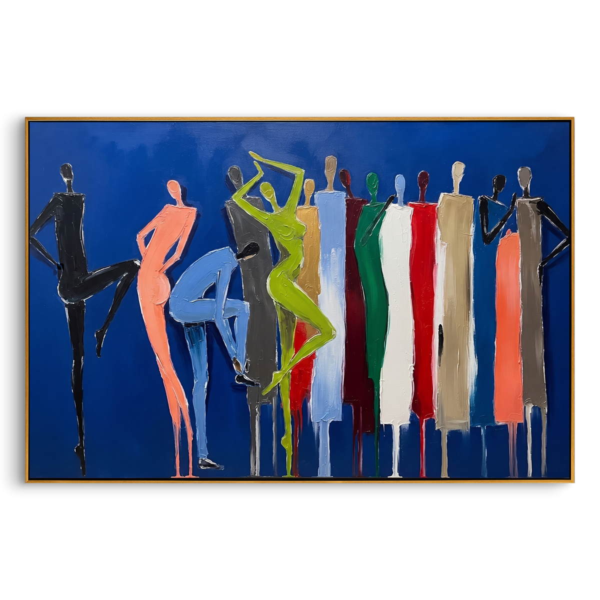 "Blue People Silhouette Painting" - Modern Heavy Impasto Abstract Artwork | Blue & Green Palette Knife Painting | Luxury Horizontal Wall Art #PT 782
