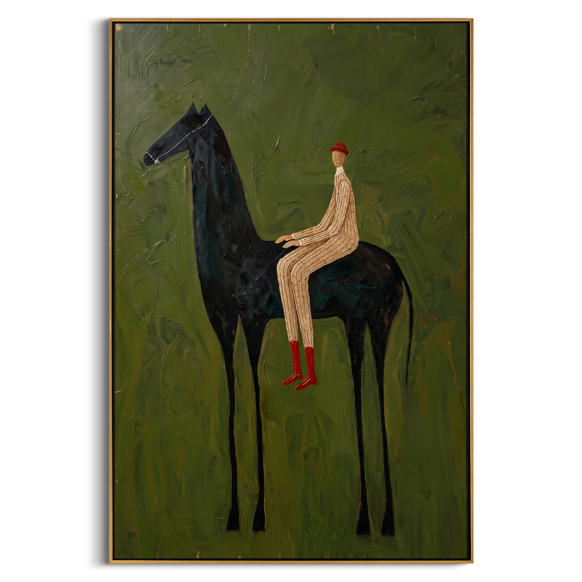 "Green Horse Rider Painting" - Modern Heavy Impasto Coastal Landscape | Natural & Black Palette Knife Painting | Luxury Vertical Wall Art #PT 792