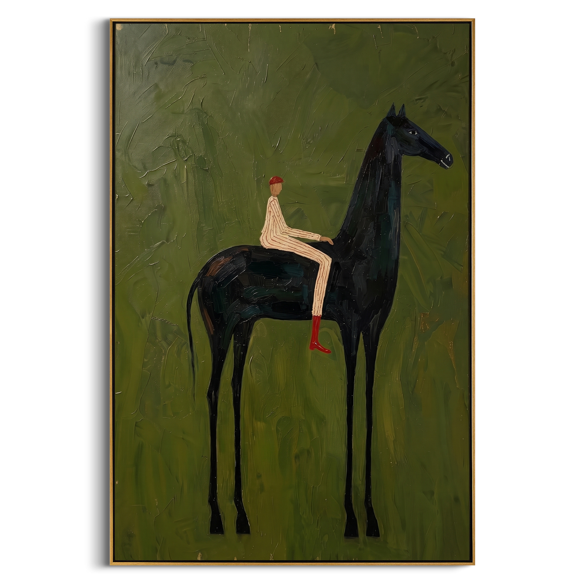 "Olive Horse Rider Painting" - Modern Heavy Impasto Western Animal Artwork | Natural & Black Palette Knife Painting | Luxury Vertical Wall Art #PT 794
