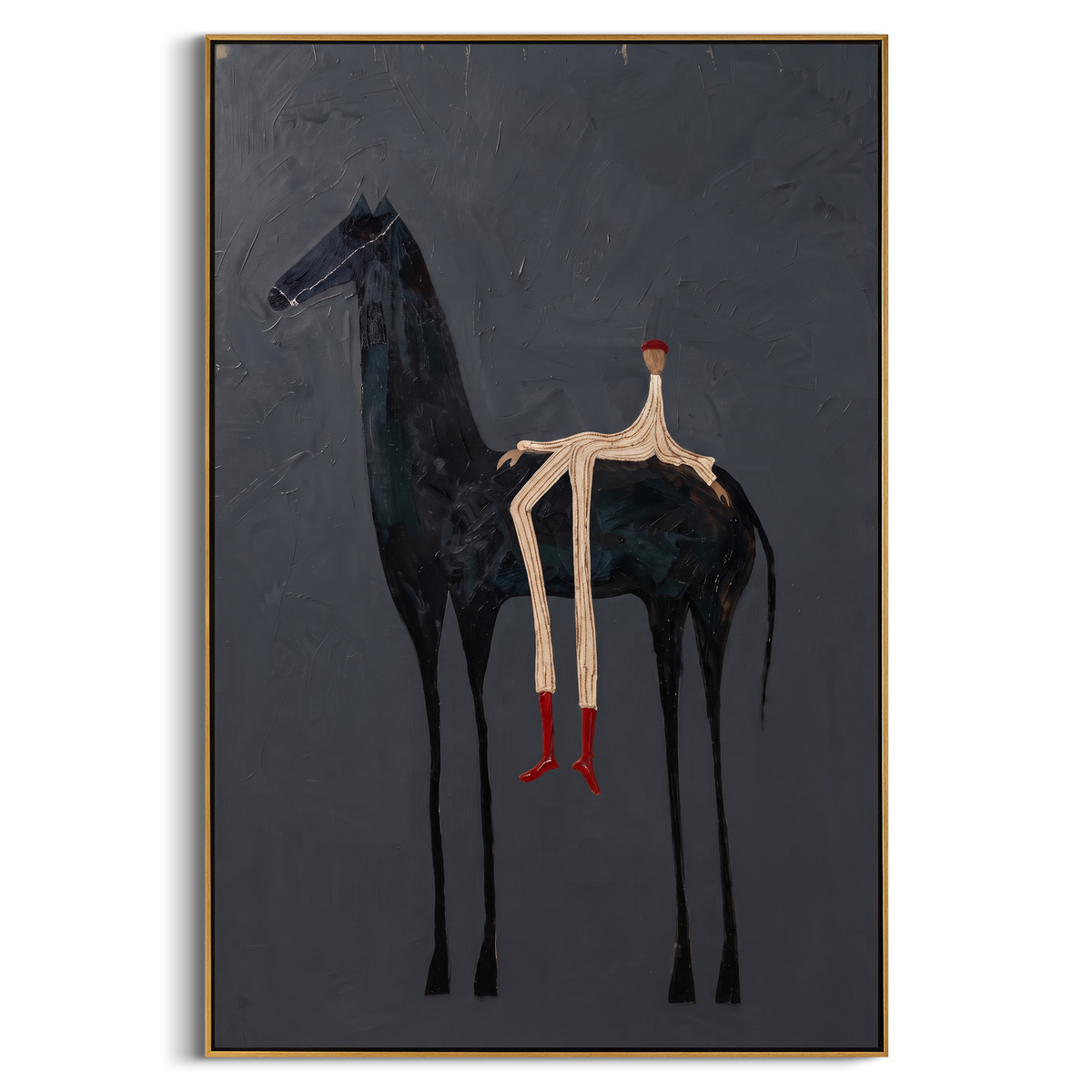 "Grey Horse Rider Painting" - Modern Heavy Impasto Western Animal Artwork | Grey & Black Palette Knife Painting | Luxury Vertical Wall Art #PT 795