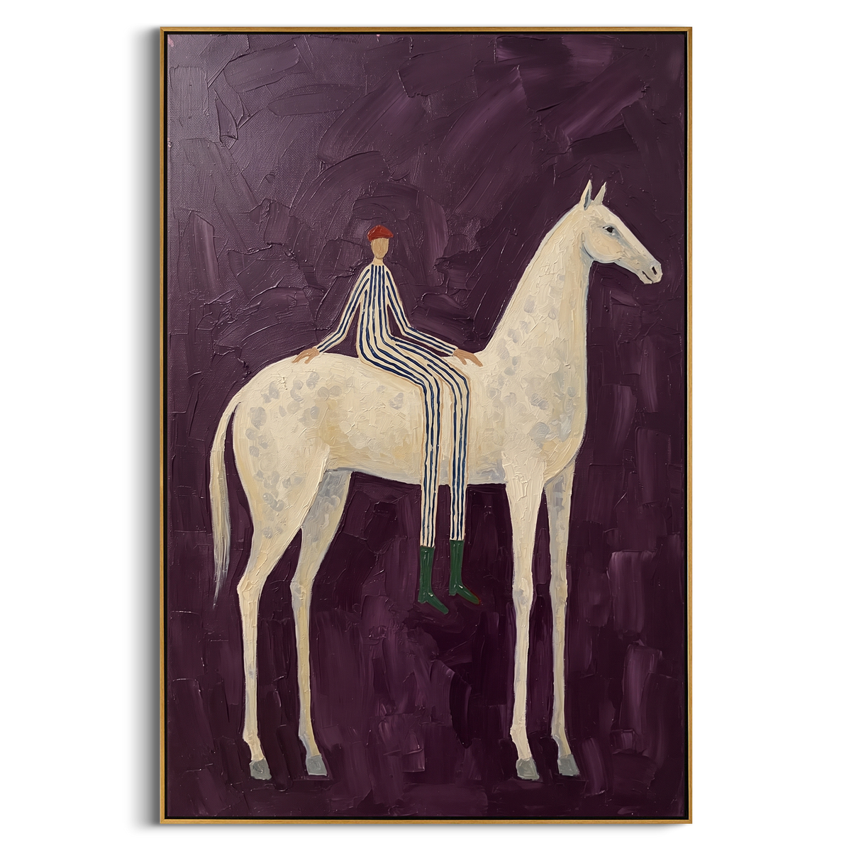 "White Horse Rider Painting" - Modern Heavy Impasto Western Animal Artwork | White & Green Palette Knife Painting | Luxury Vertical Wall Art #PT 797