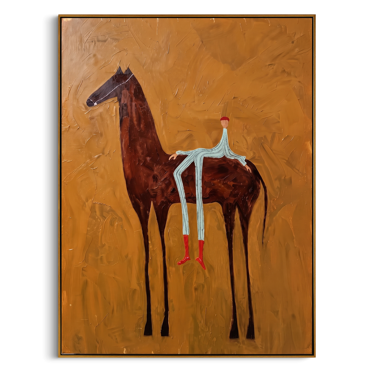 "Ochre Horse Rider Painting" - Modern Heavy Impasto Western Animal Artwork | Brown & Blue Palette Knife Painting | Luxury Vertical Wall Art #PT 798
