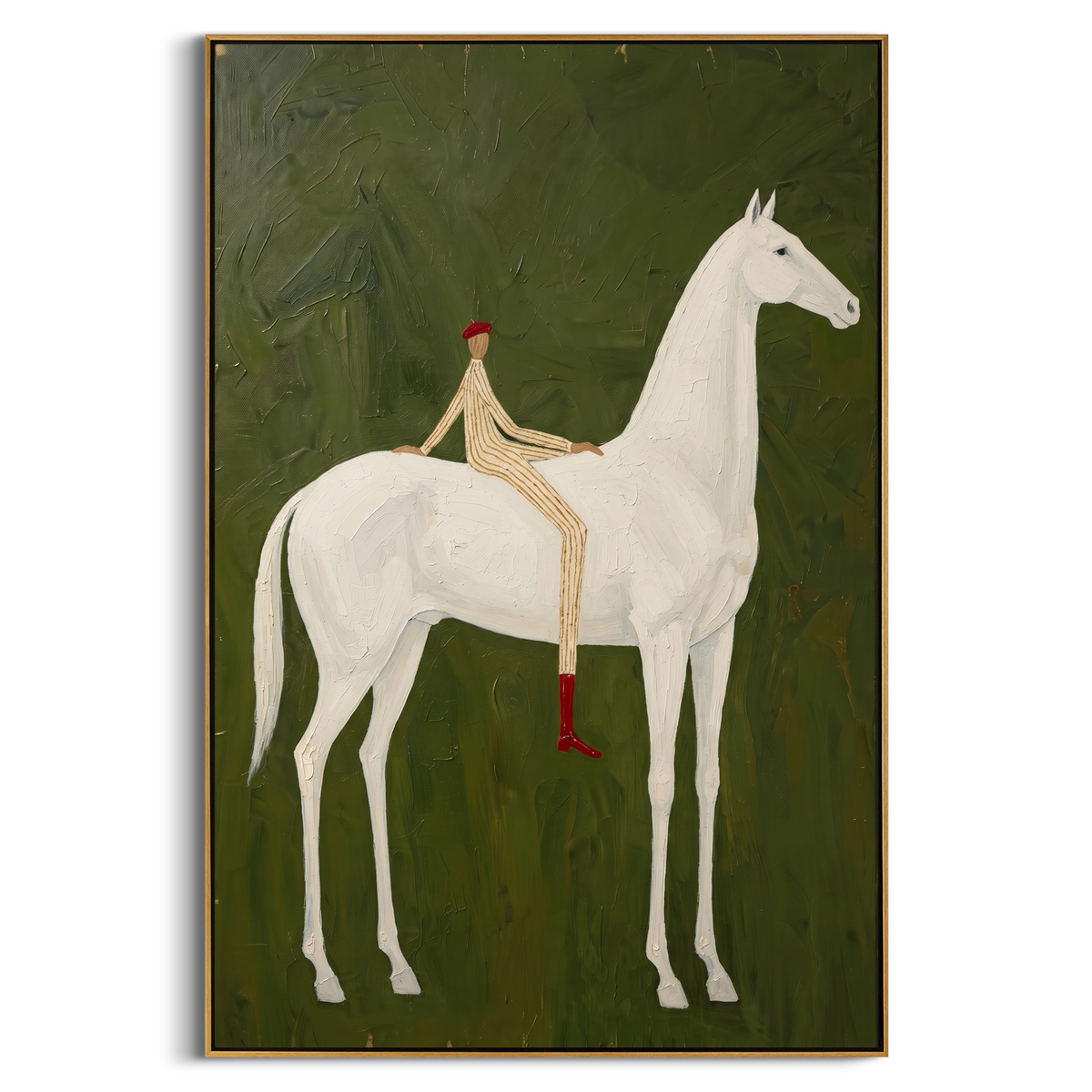 "Green White Horse Rider Painting" - Modern Heavy Impasto Western Animal Artwork | Natural & White Palette Knife Painting | Luxury Vertical Wall Art #PT 799