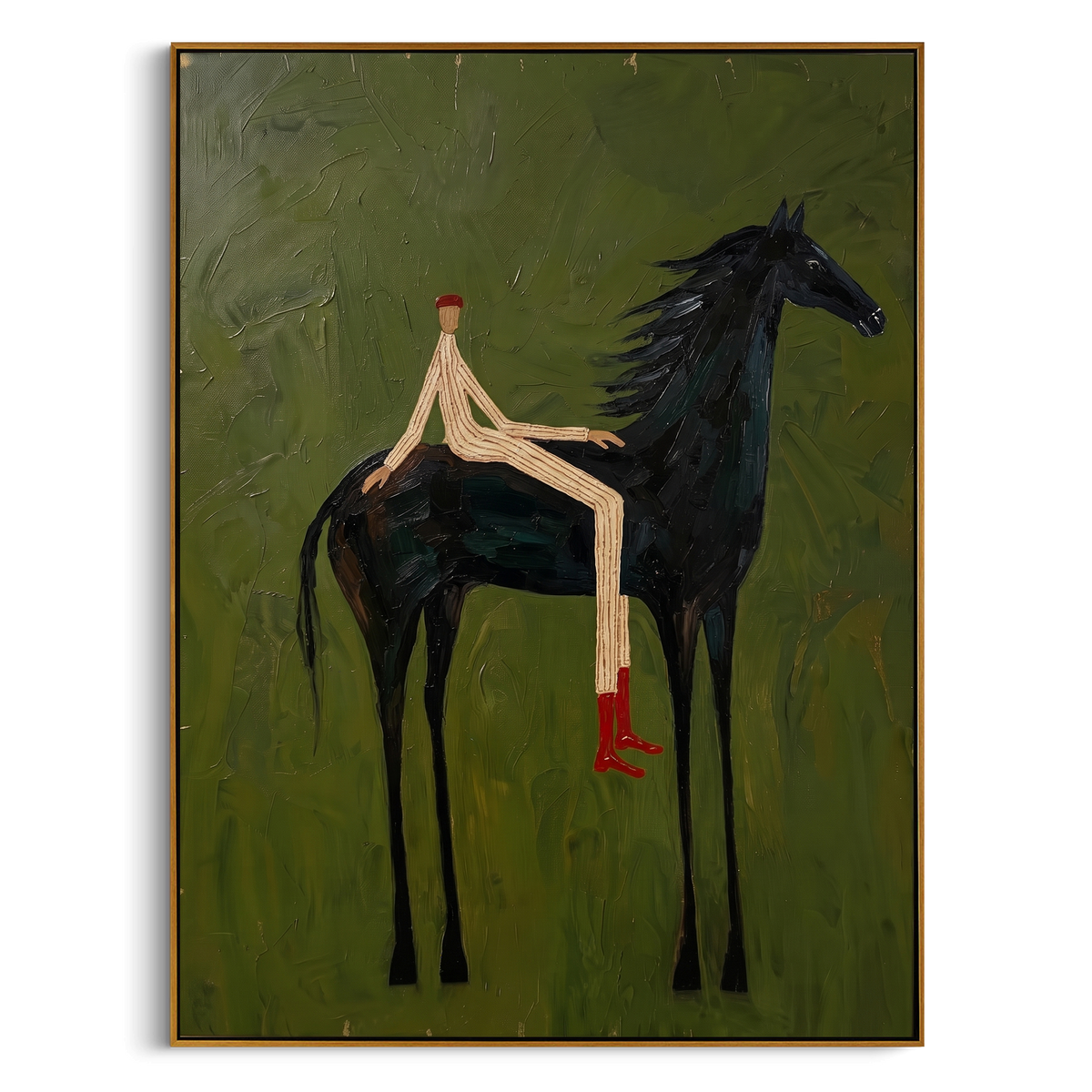 "Black Horse Rider Painting" - Modern Heavy Impasto Western Animal Artwork | Natural & Black Palette Knife Painting | Luxury Vertical Wall Art #PT 800