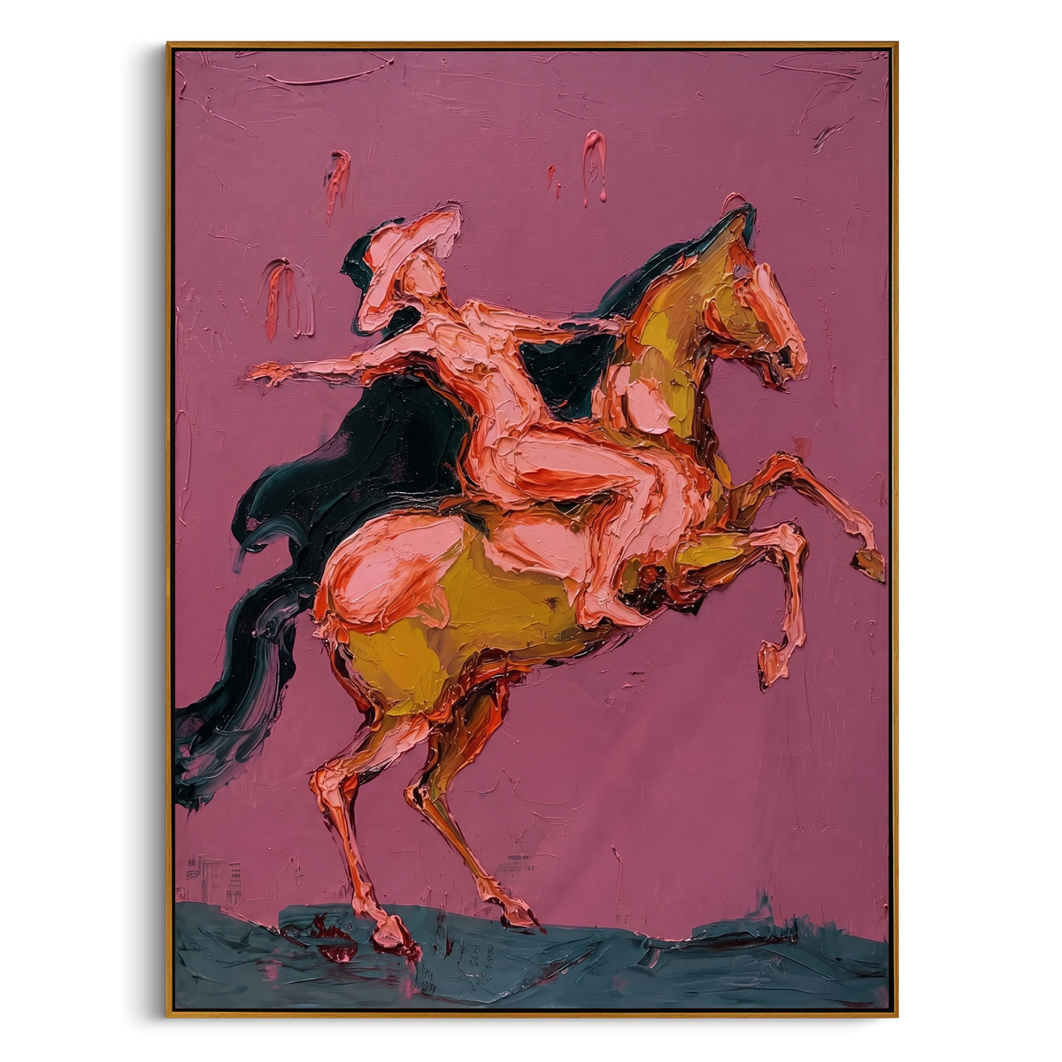 "Pink Galloping Rider Painting" - Modern Heavy Impasto Western Animal Artwork | Pink & Brown Palette Knife Painting | Luxury Vertical Wall Art #PT 801