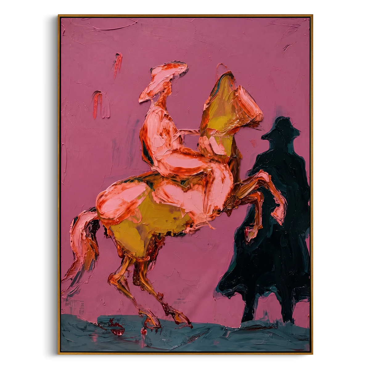 "Pink Rider Shadow Painting" - Modern Heavy Impasto Western Animal Artwork | Pink & Black Palette Knife Painting | Luxury Vertical Wall Art #PT 803