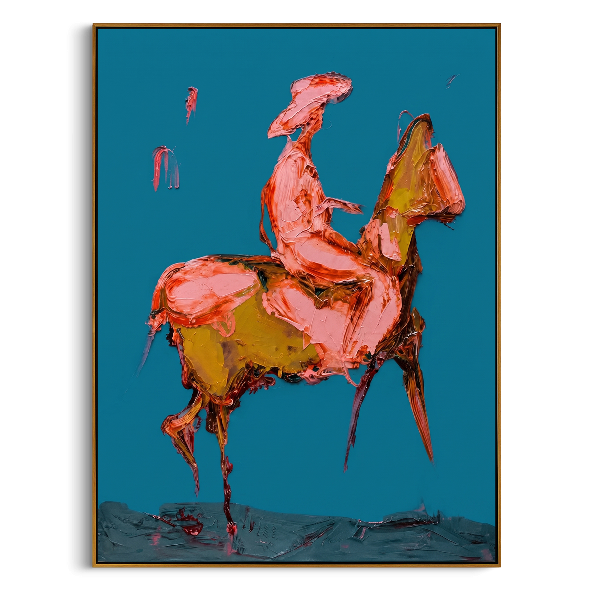 "Blue Galloping Rider Painting" - Modern Heavy Impasto Western Animal Artwork | Blue & Brown Palette Knife Painting | Luxury Vertical Wall Art #PT 804