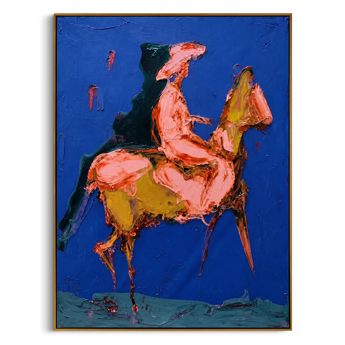 "Royal Blue Rider Painting" - Modern Heavy Impasto Western Animal Artwork | Blue & Brown Palette Knife Painting | Luxury Vertical Wall Art #PT 805