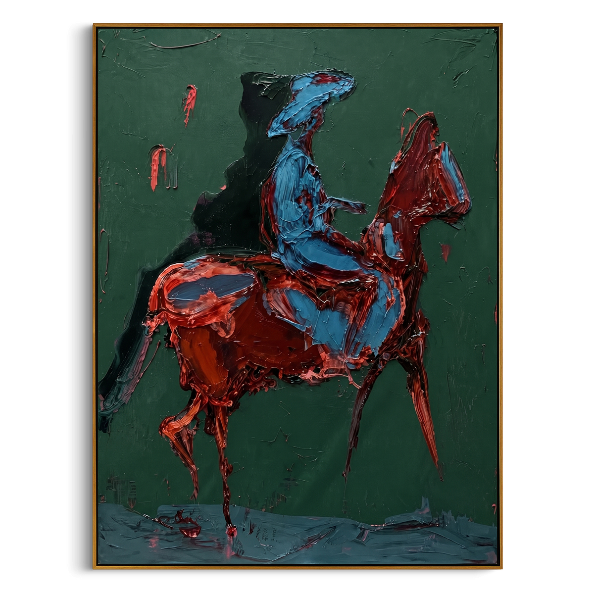"Green Blue Rider Painting" - Modern Heavy Impasto Western Animal Artwork | Natural & Blue Palette Knife Painting | Luxury Vertical Wall Art #PT 806
