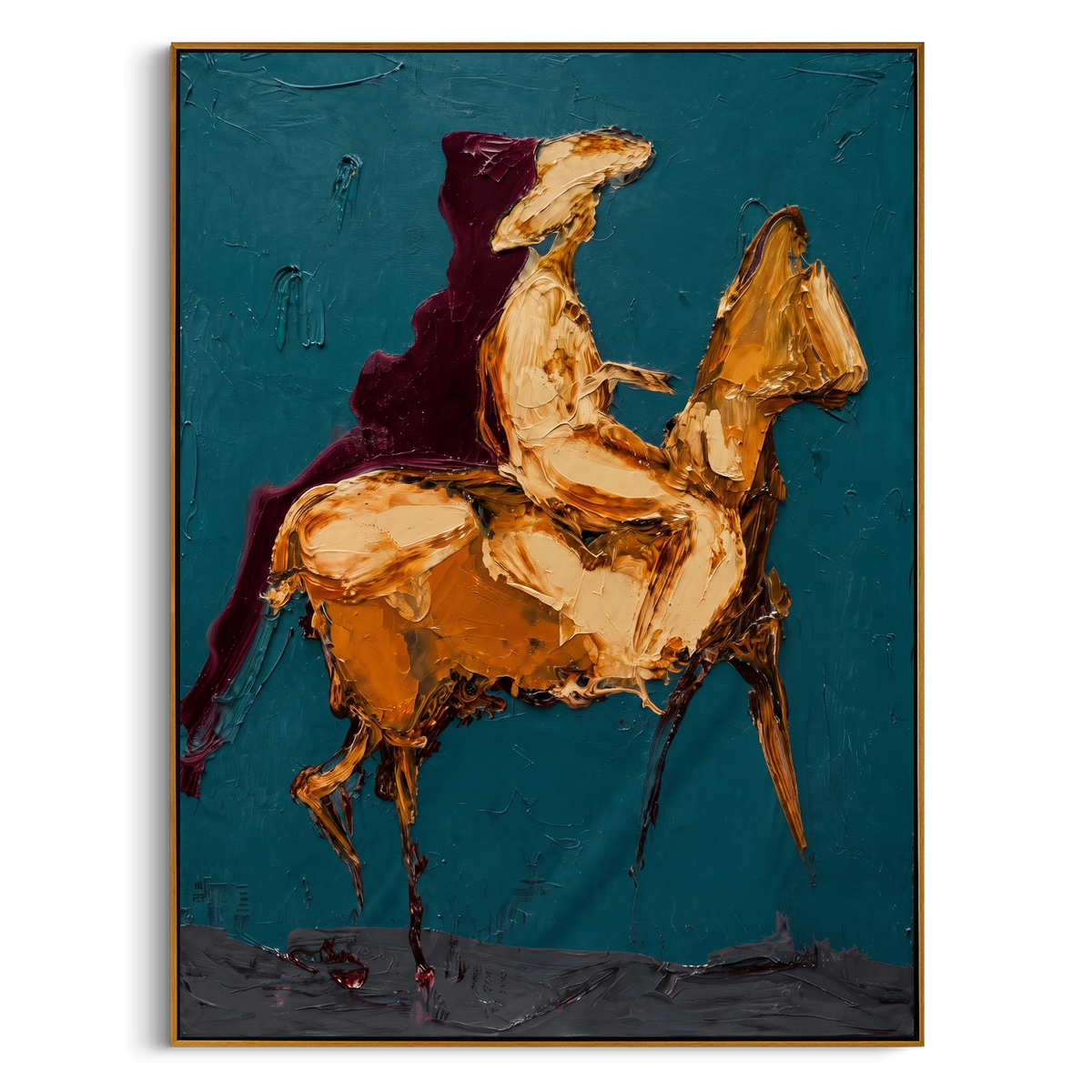 "Teal Galloping Rider Painting" - Modern Heavy Impasto Western Animal Artwork | Blue & Brown Palette Knife Painting | Luxury Vertical Wall Art #PT 807