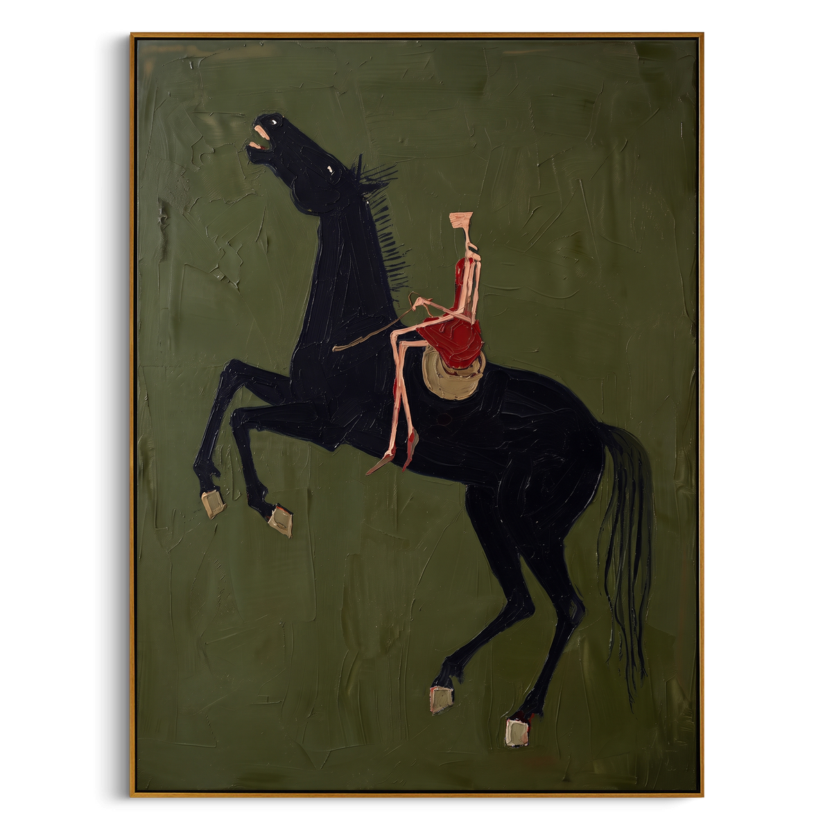 "Olive Black Horse Rider Painting" - Modern Heavy Impasto Western Animal Artwork | Natural & Black Palette Knife Painting | Luxury Vertical Wall Art #PT 809