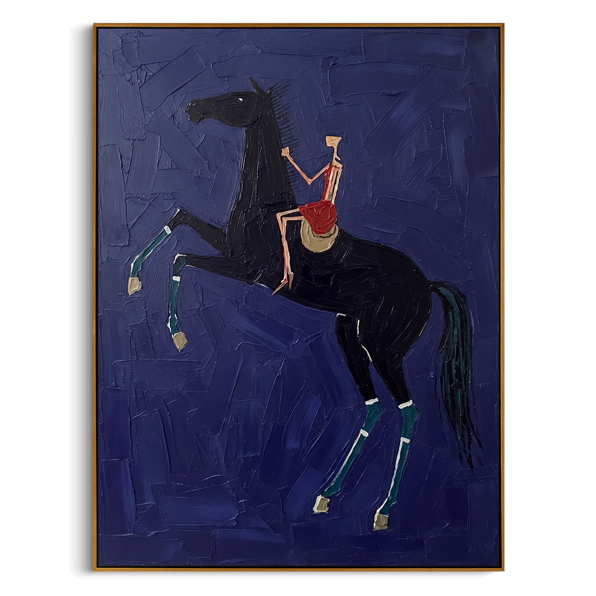 "Blue Black Horse Rider Painting" - Modern Heavy Impasto Western Animal Artwork | Blue & Black Palette Knife Painting | Luxury Vertical Wall Art #PT 810