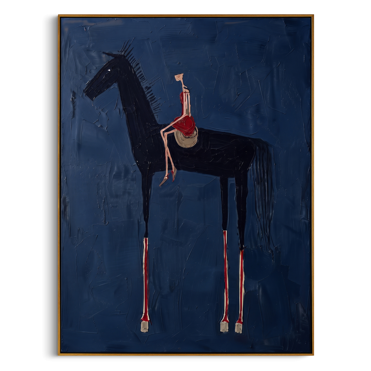 "Navy Standing Horse Rider Painting" - Modern Heavy Impasto Western Animal Artwork | Blue & Black Palette Knife Painting | Luxury Vertical Wall Art #PT 811