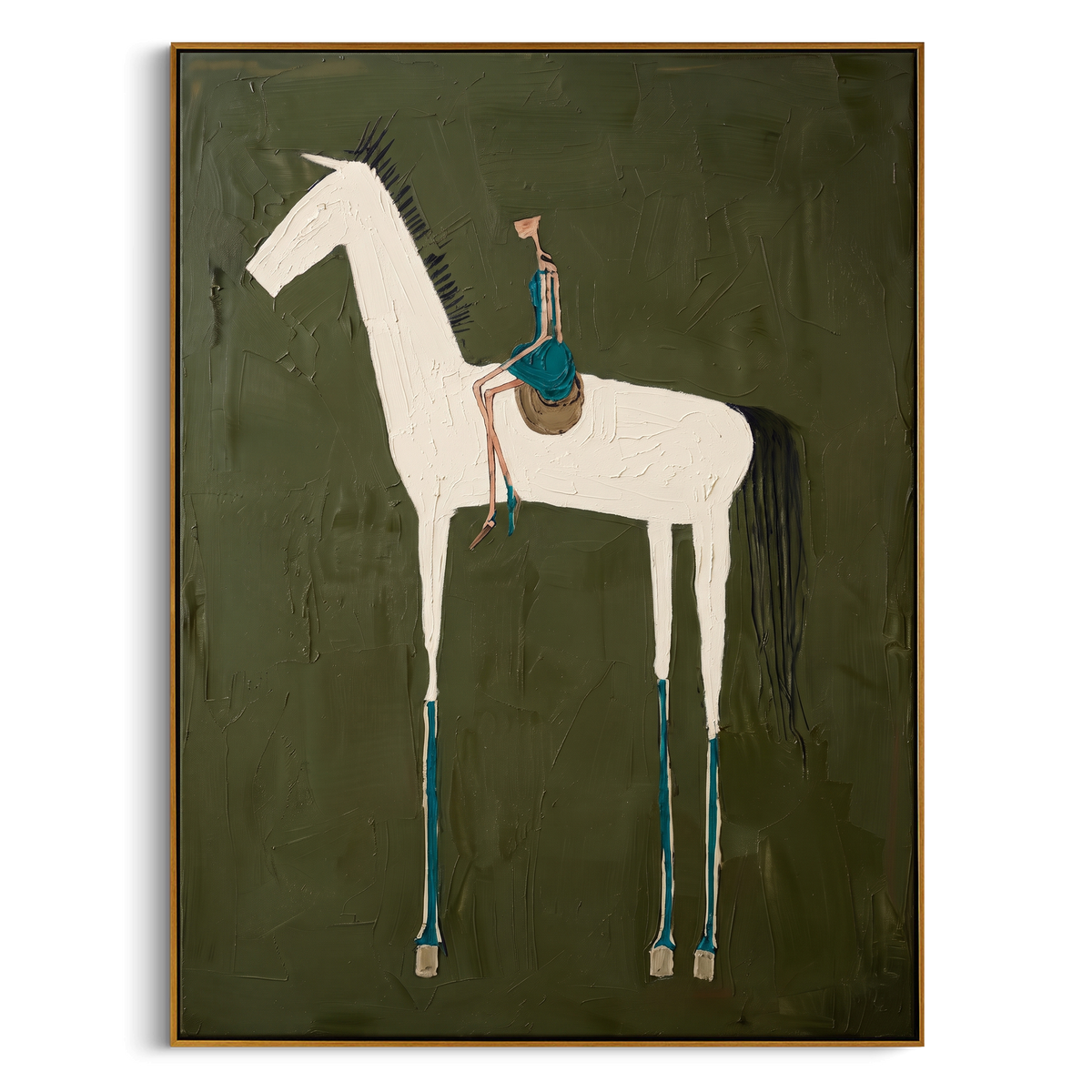 "Olive White Horse Rider Painting" - Modern Heavy Impasto Western Animal Artwork | Natural & White Palette Knife Painting | Luxury Vertical Wall Art #PT 812