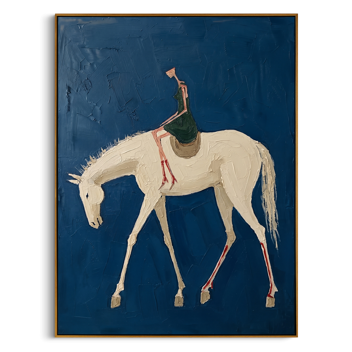 "Blue White Horse Rider Painting" - Modern Heavy Impasto Western Animal Artwork | Blue & White Palette Knife Painting | Luxury Vertical Wall Art #PT 813