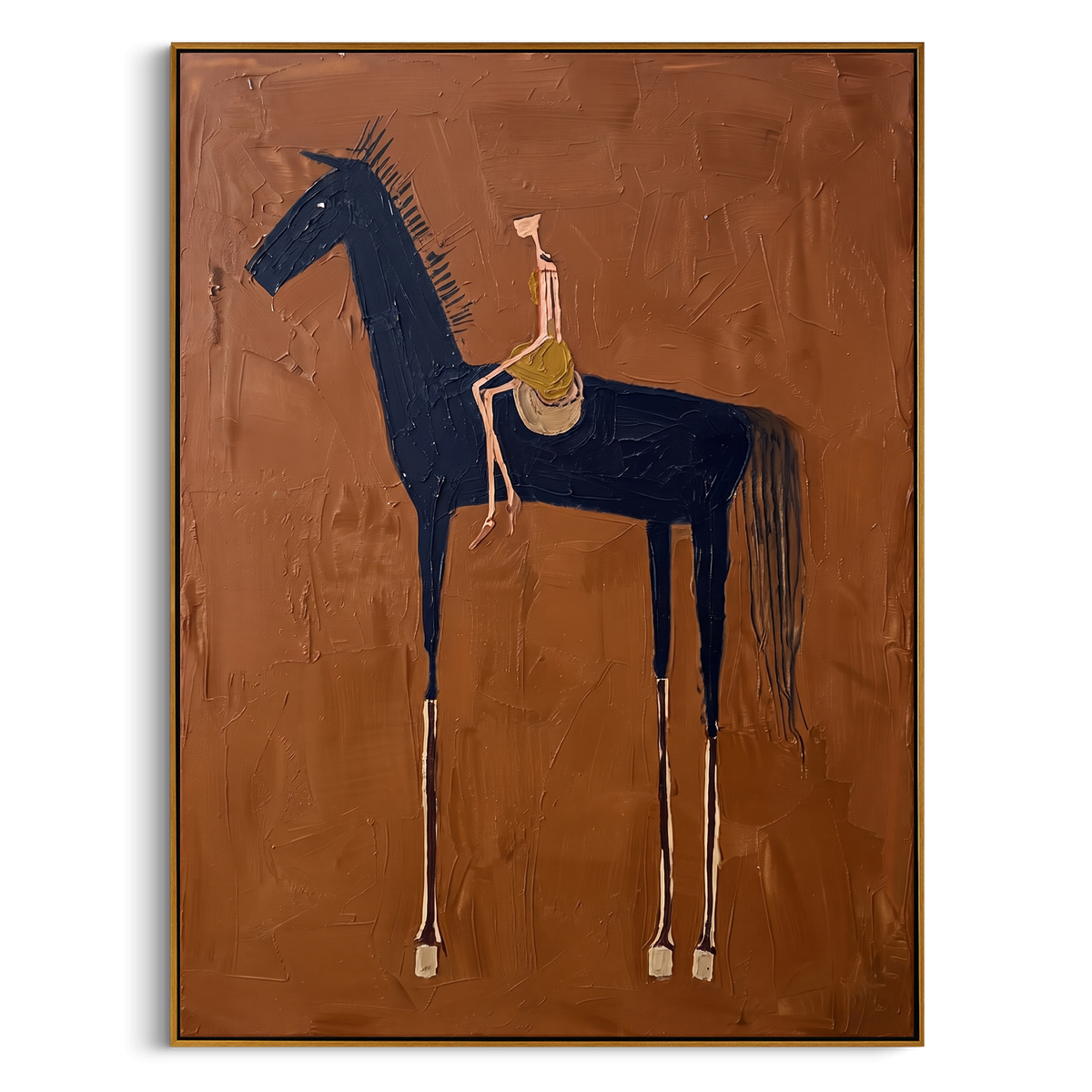 "Brown Black Horse Rider Painting" - Modern Heavy Impasto Western Animal Artwork | Brown & Black Palette Knife Painting | Luxury Vertical Wall Art #PT 814
