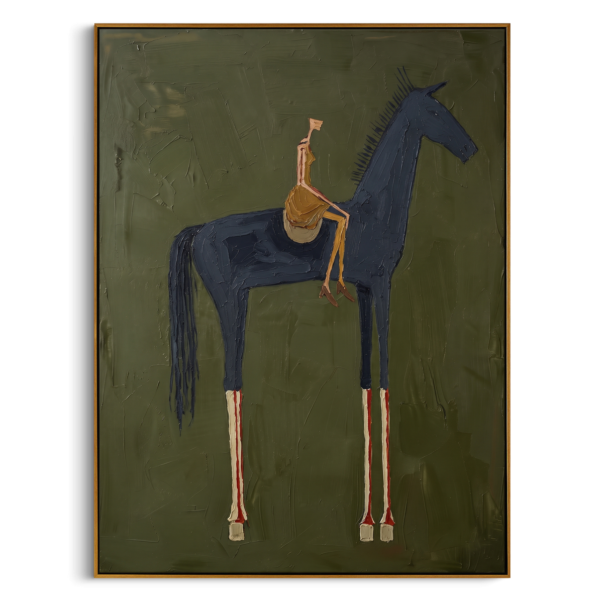 "Green Standing Horse Rider Painting" - Modern Heavy Impasto Western Animal Artwork | Natural & Black Palette Knife Painting | Luxury Vertical Wall Art #PT 815