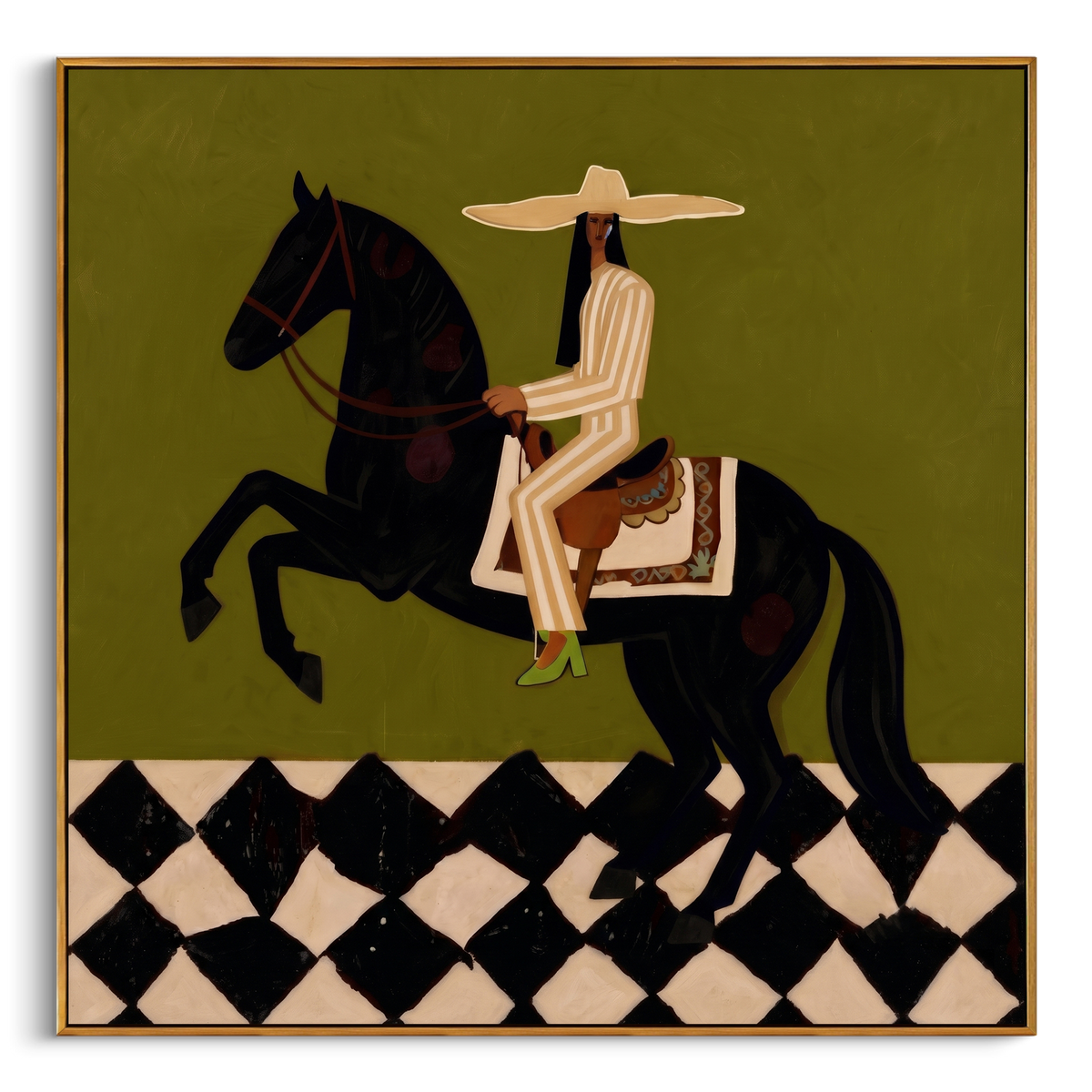 "Green Caballero Horse Painting" - Modern Heavy Impasto Western Animal Artwork | Natural & Black Palette Knife Painting | Luxury Square Wall Art #PT 816
