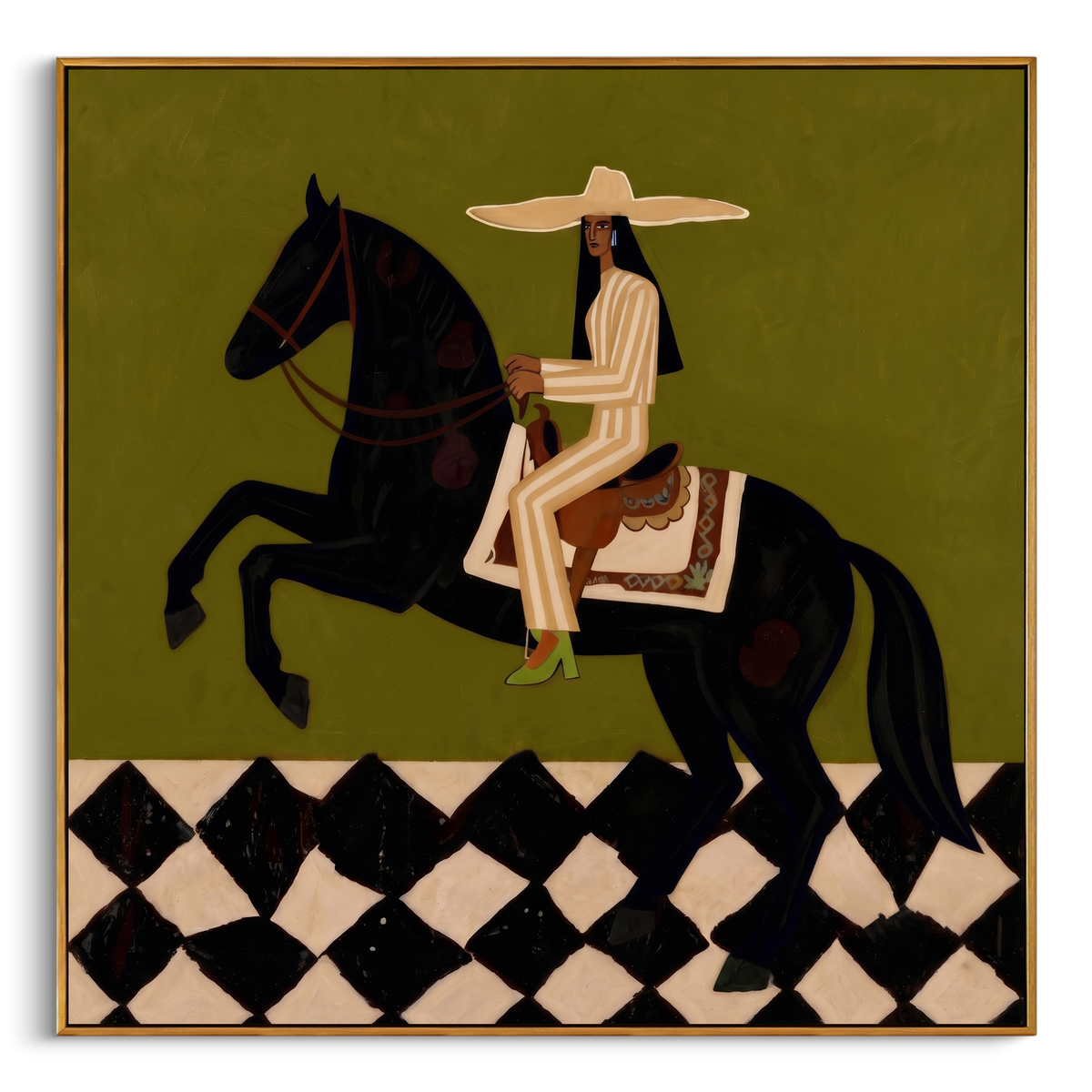 "Green Black Horse Caballero Painting" - Modern Heavy Impasto Western Animal Artwork | Natural & Black Palette Knife Painting | Luxury Square Wall Art #PT 818