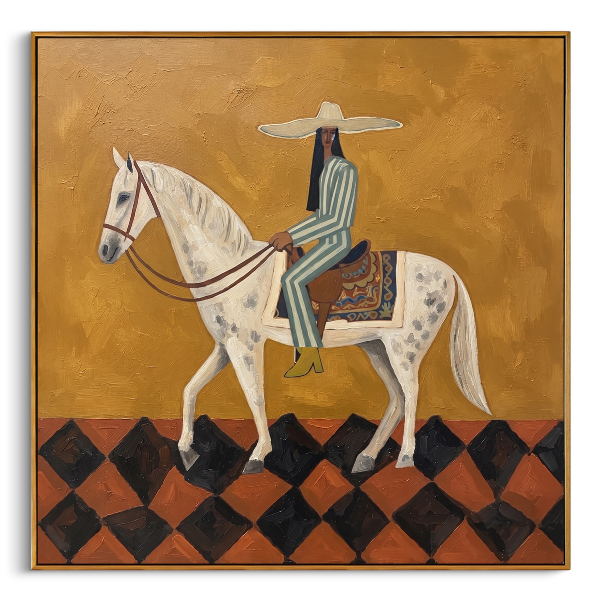 "Gold White Horse Caballero Painting" - Modern Heavy Impasto Western Animal Artwork | Brown & White Palette Knife Painting | Luxury Square Wall Art #PT 819