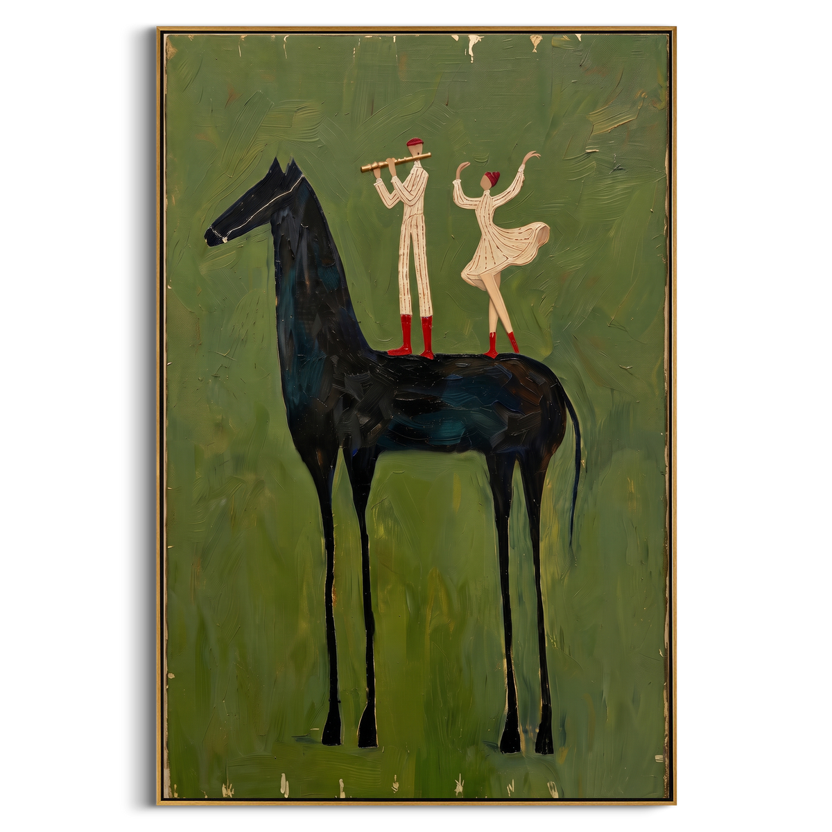 "Green Horse Dancer Painting" - Modern Heavy Impasto Western Animal Artwork | Natural & Black Palette Knife Painting | Luxury Vertical Wall Art #PT 823