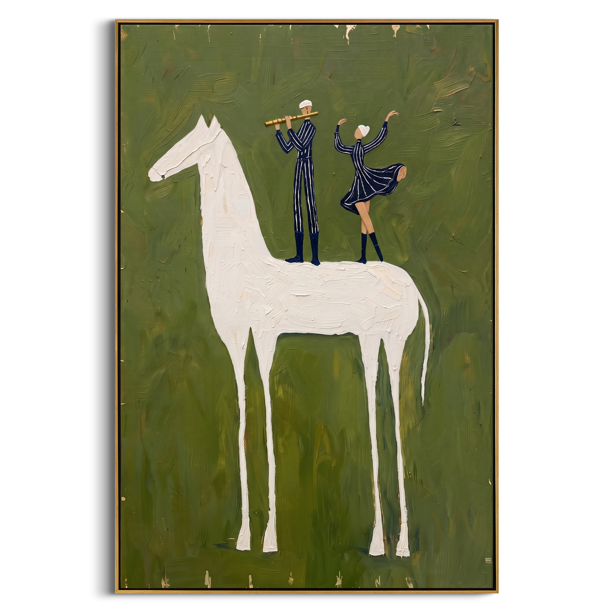 "Green White Horse Performers Painting" - Modern Heavy Impasto Western Animal Artwork | Sage Green & White Palette Knife Painting | Luxury Vertical Wall Art #PT 825