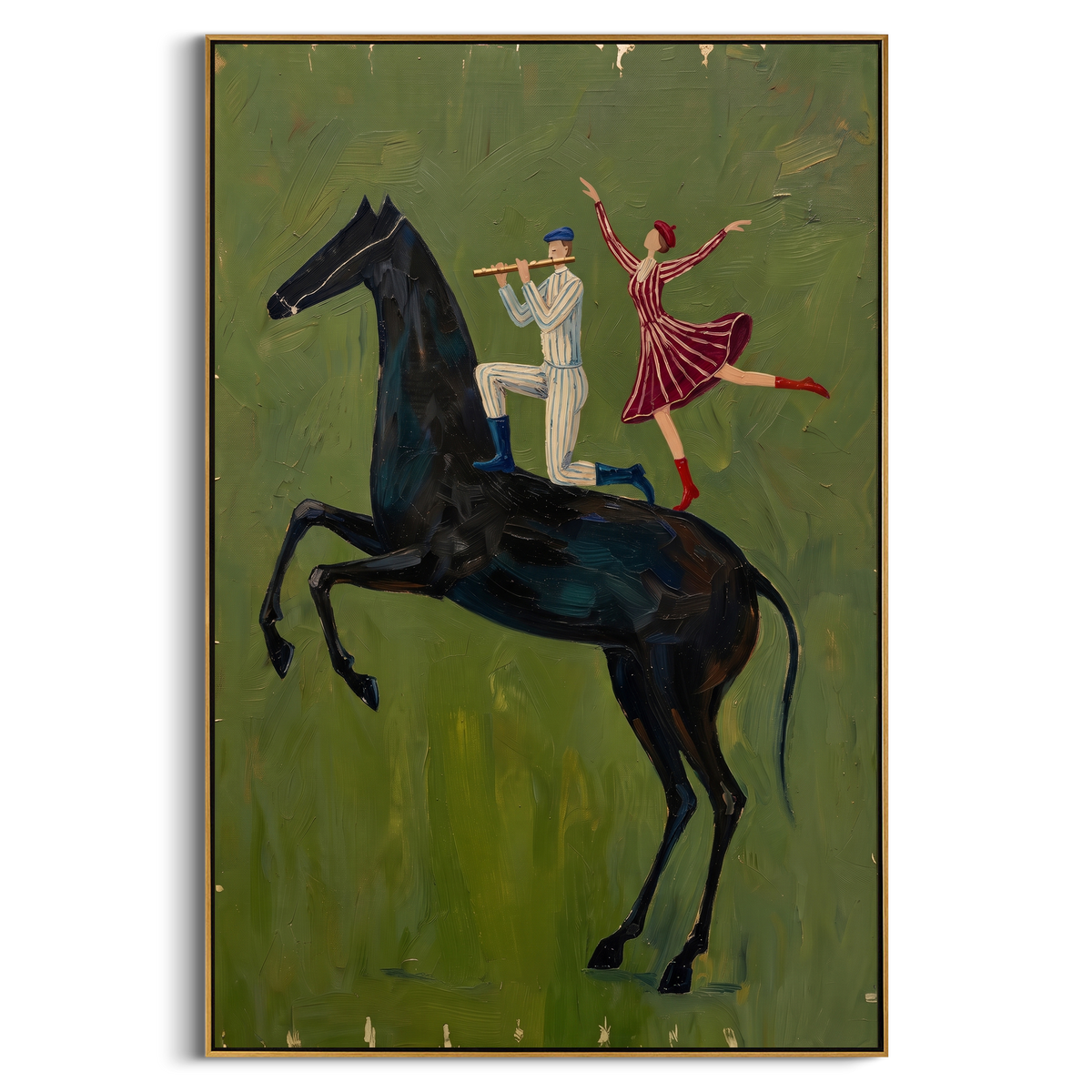 "Green Dancing Horse Performers Painting" - Modern Heavy Impasto Western Animal Artwork | Natural & Black Palette Knife Painting | Luxury Vertical Wall Art #PT 826