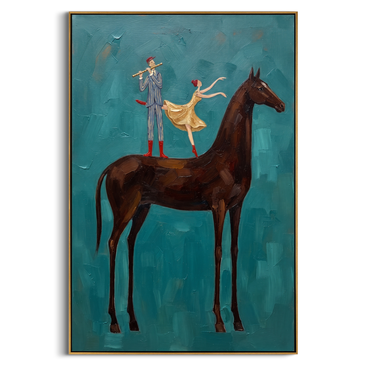 "Teal Horse Performers Painting" - Modern Heavy Impasto Western Animal Artwork | Blue & Brown Palette Knife Painting | Luxury Vertical Wall Art #PT 827