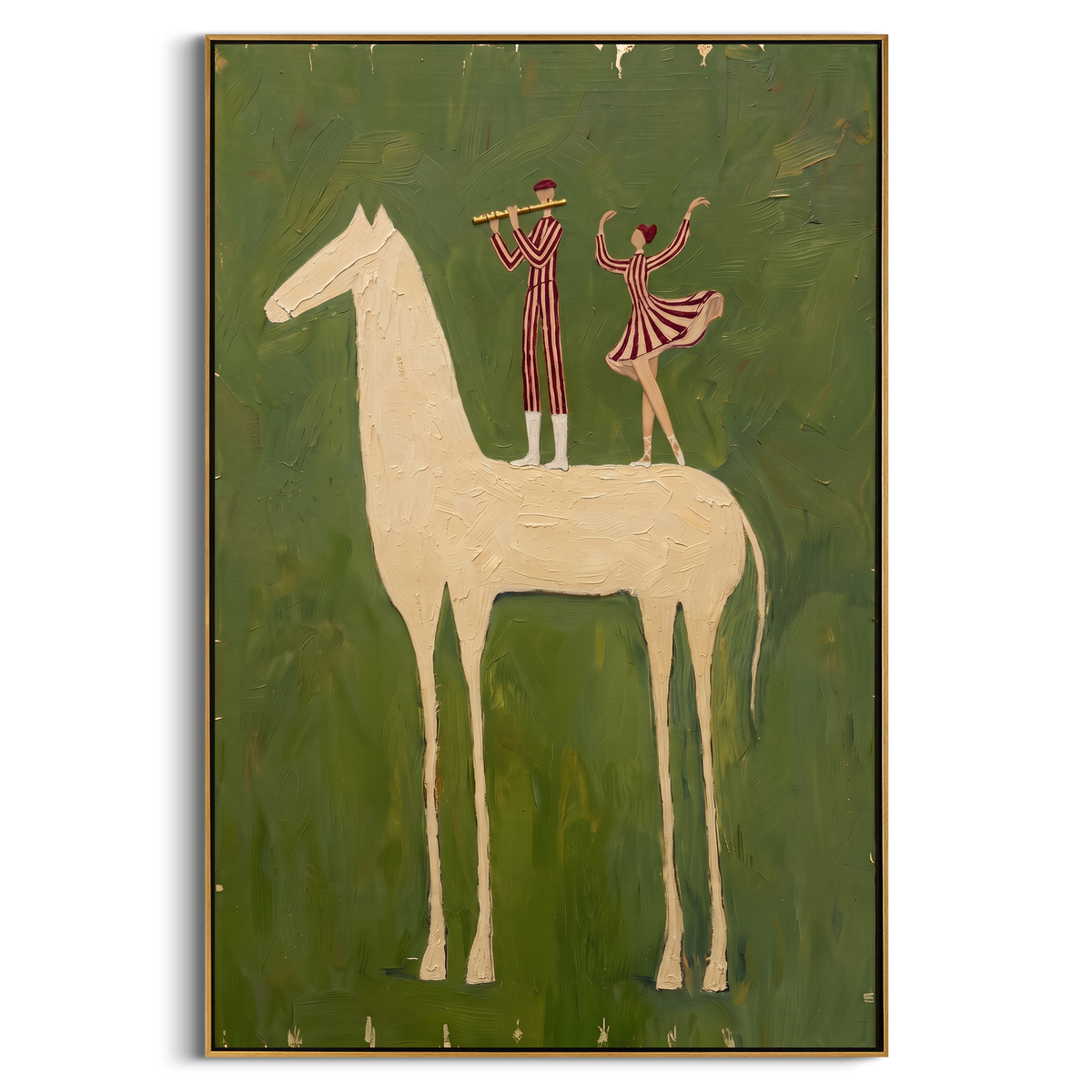 "Green White Horse Dancer Painting" - Modern Heavy Impasto Western Animal Artwork | Sage Green & White Palette Knife Painting | Luxury Vertical Wall Art #PT 829