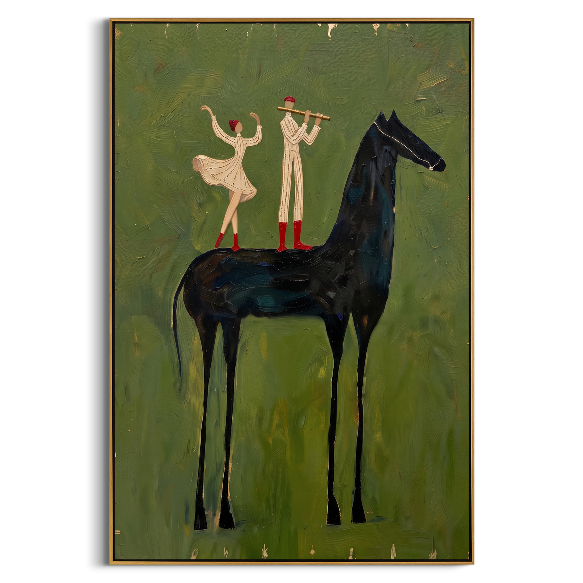 "Green Horse Performer Duo Painting" - Modern Heavy Impasto Western Animal Artwork | Natural & Black Palette Knife Painting | Luxury Vertical Wall Art #PT 830